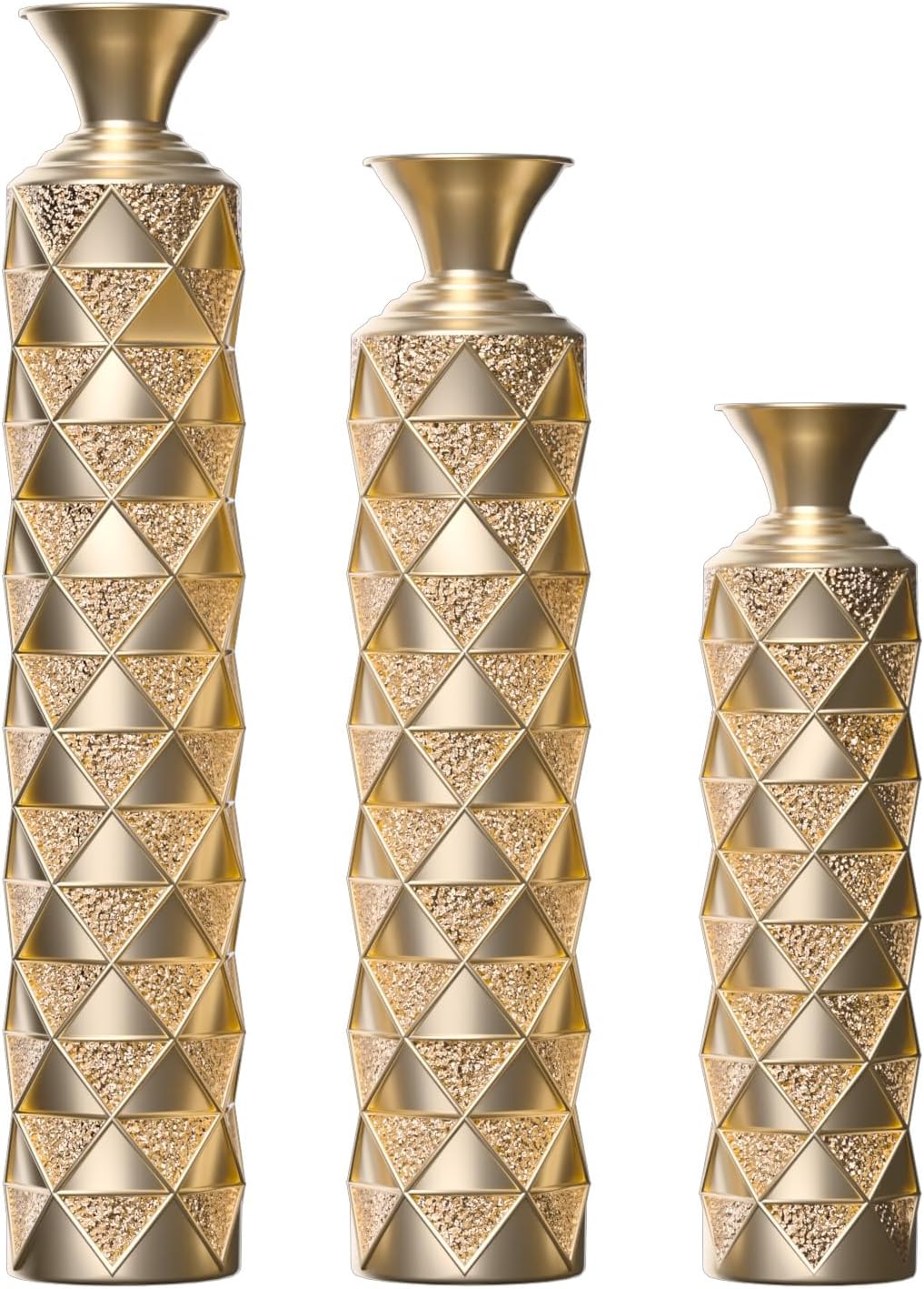 3-piece/Set Large Metal Floor Vases, Decorative Tall Set of 3 Handmade High Distressed Vintage Oversized Center Vases Standing Flower Holder for Modern Home Décor Indoor (Gold+3D Triangle)