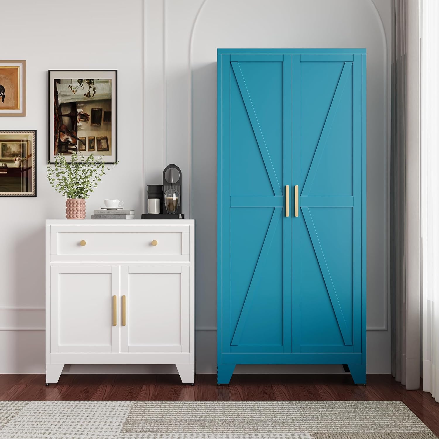 QINPTWUT 71' Metal Storage Cabinet with Doors and Shelves, Tall Pantry Cabinet in Blue with 2 Doors & 4 Adjustable Shelves, All-Steel Farmhouse Cupboard for Kitchen, Living Room,Home Office,Garage