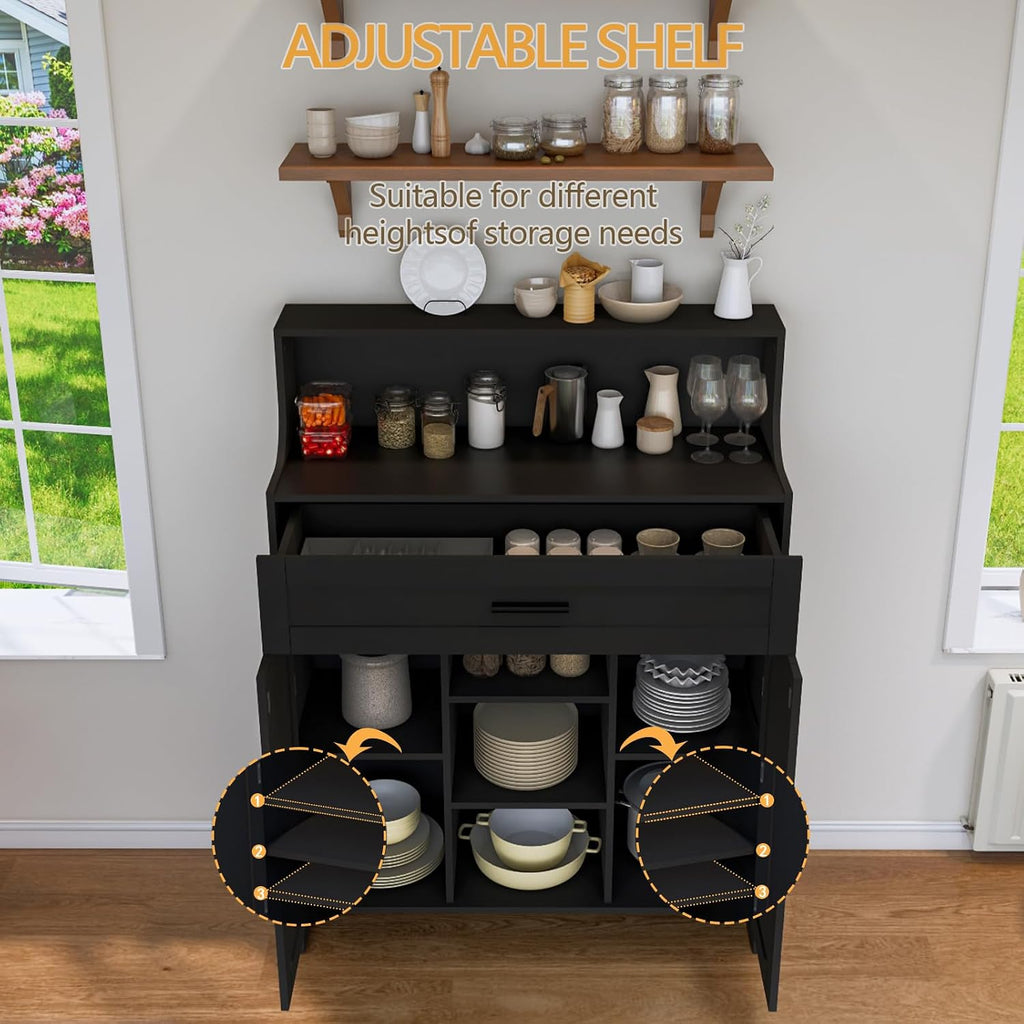 Viaozutis Storage Cabinet with Doors and Drawers, Kitchen Storage Cabinet with 1 Large Drawer,2 Doors,and 2 Adjustable Shelves,for Bathroom/Kitchen/Living Room/Entrance Hall (Black)
