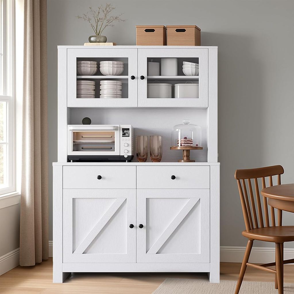IDEALHOUSE 63' Kitchen Pantry Cabinet with Drawers, Hutch Cabinet with Storage, Microwave Stand, Adjustable Shelves, Freestanding Tall Pantry Storage for Dining Room, Living Room, White