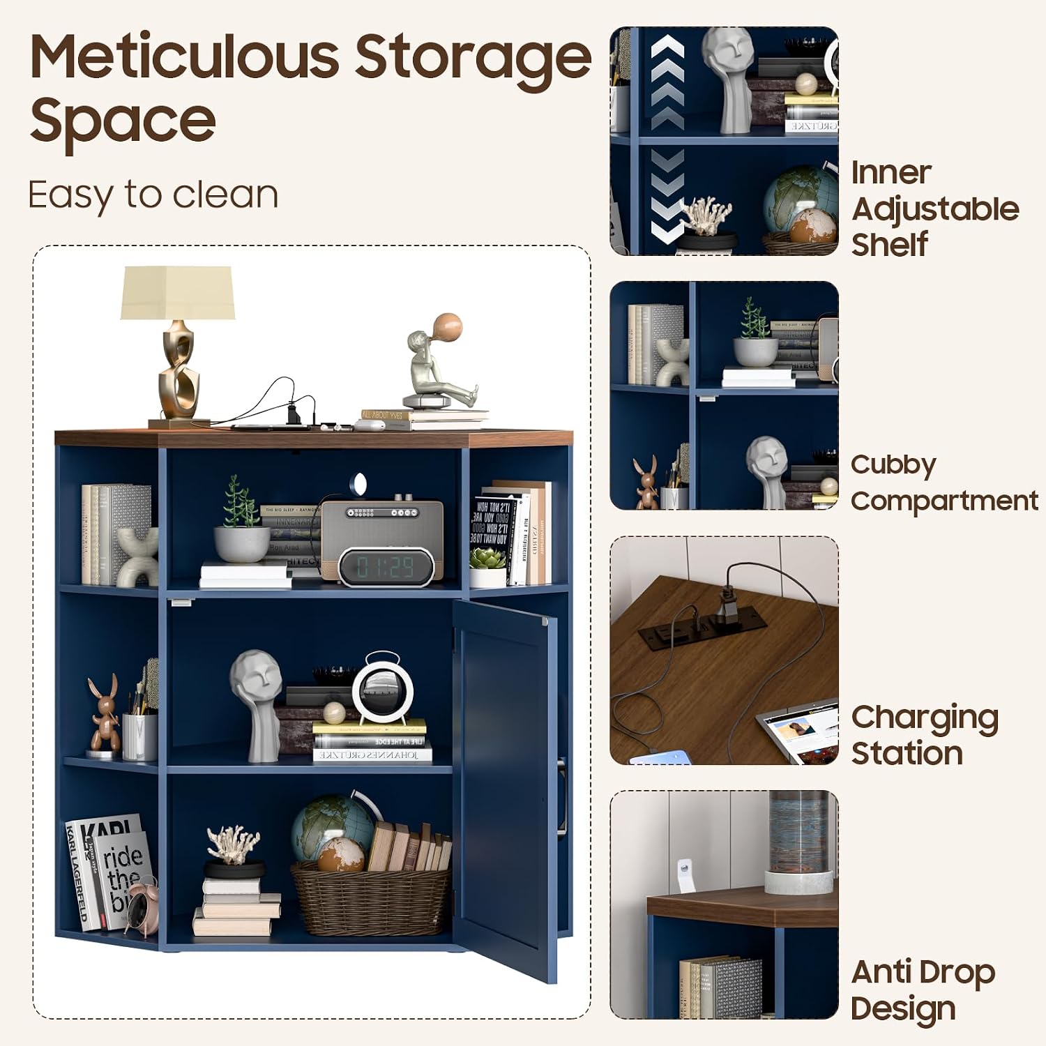 Vabches Corner Cabinet, Corner Storage Shelf with USB Ports and Outlets Industrial Organizer for Small Space Wooden 6-Cubby Bookshelf for Study, Playroom, Living Room (Blue and Brown)