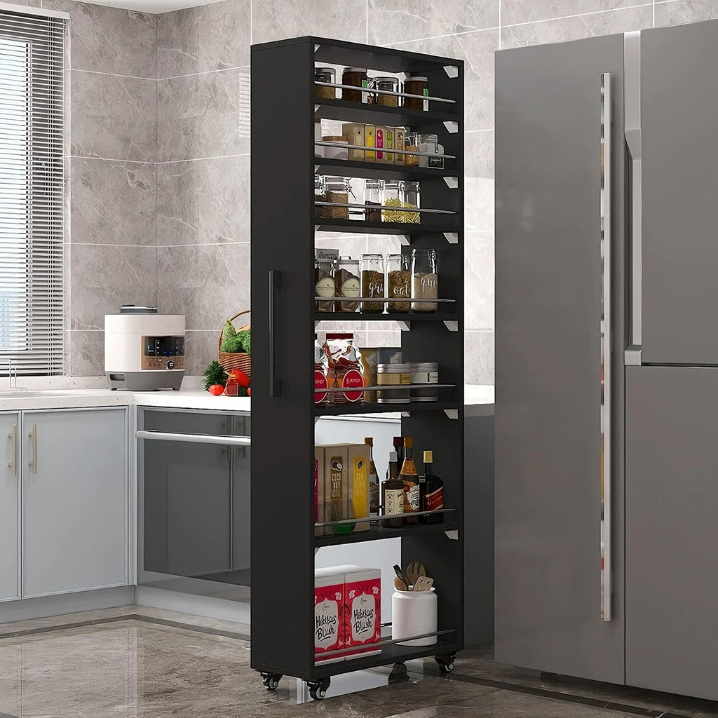 7 Tier Slim Storage Cart,Rolling Spice Rack Next to Fridge Slim,Kitchen Rolling Cart,Narrow Storage Cabinet, Wood Storage Organizer,for Kitchen,Bakers,Black,W7.9×D17.7×H72.4