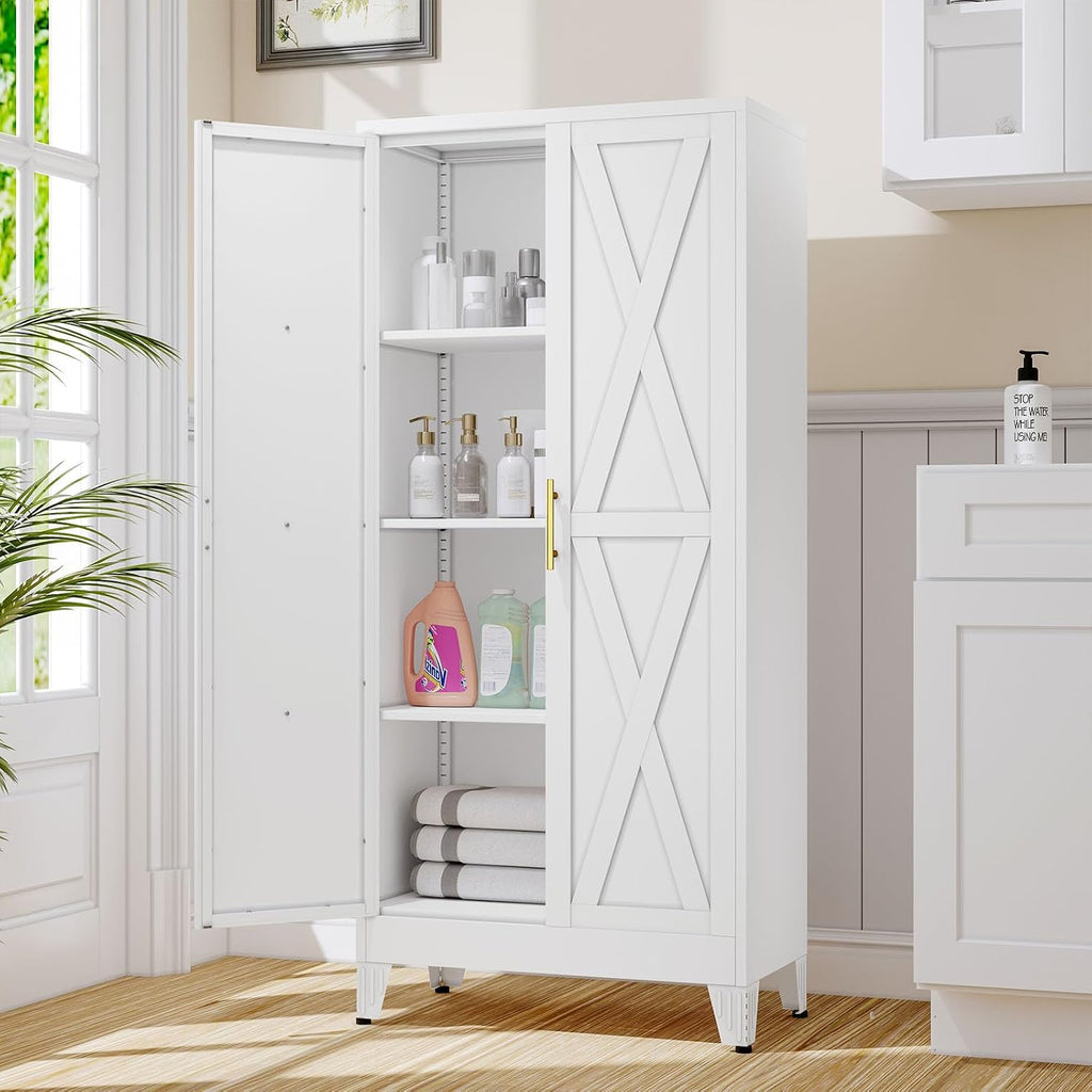 61' Kitchen Pantry Cabinet, Metal Storage Cabinet with 2 Doors and 3 Adjustable Shelves, White Food Pantry Cupboard for Kitchen, Dining Room, Living Room and Bathroom (White)