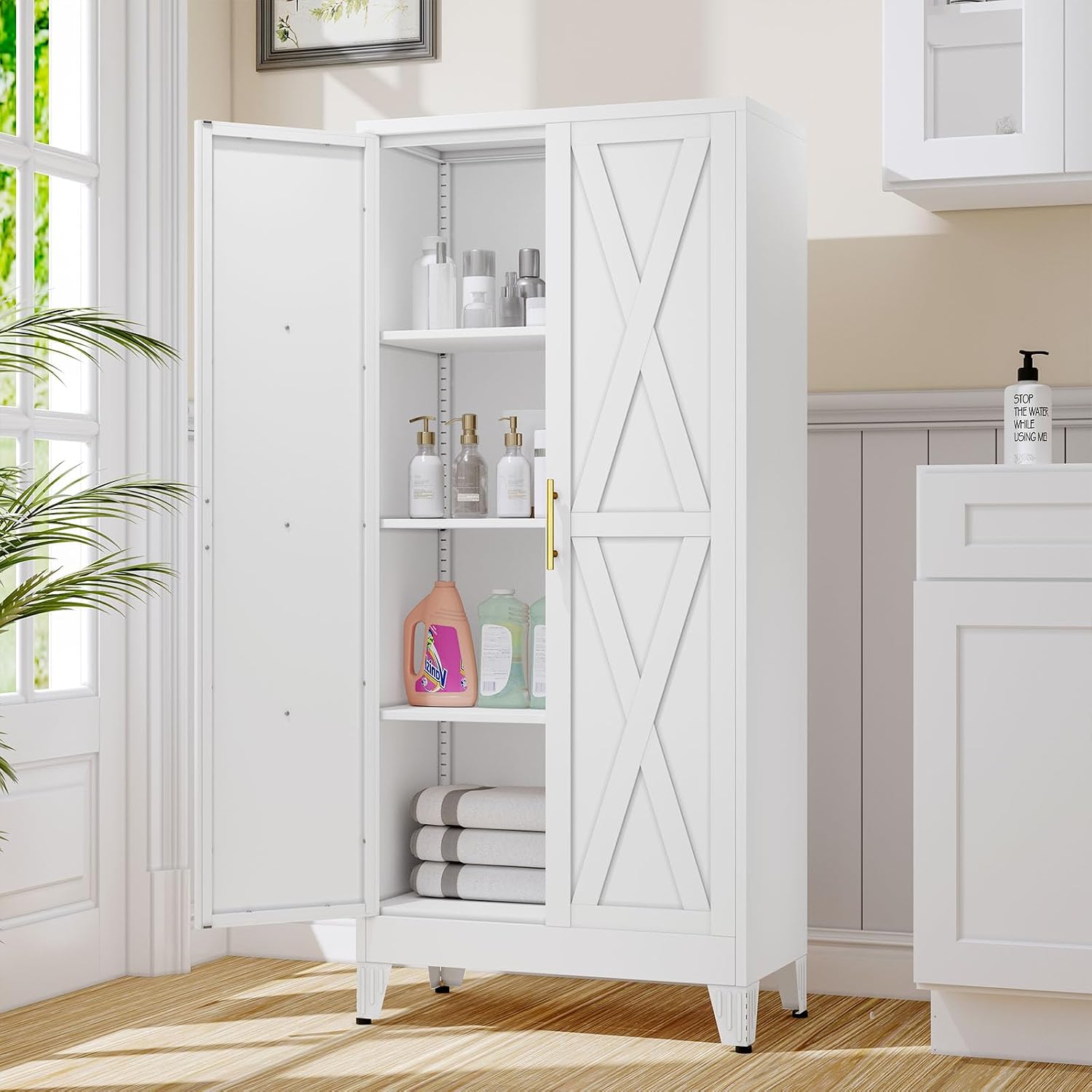 61' Kitchen Pantry Cabinet, Metal Storage Cabinet with 2 Doors and 3 Adjustable Shelves, White Food Pantry Cupboard for Kitchen, Dining Room, Living Room and Bathroom (White)