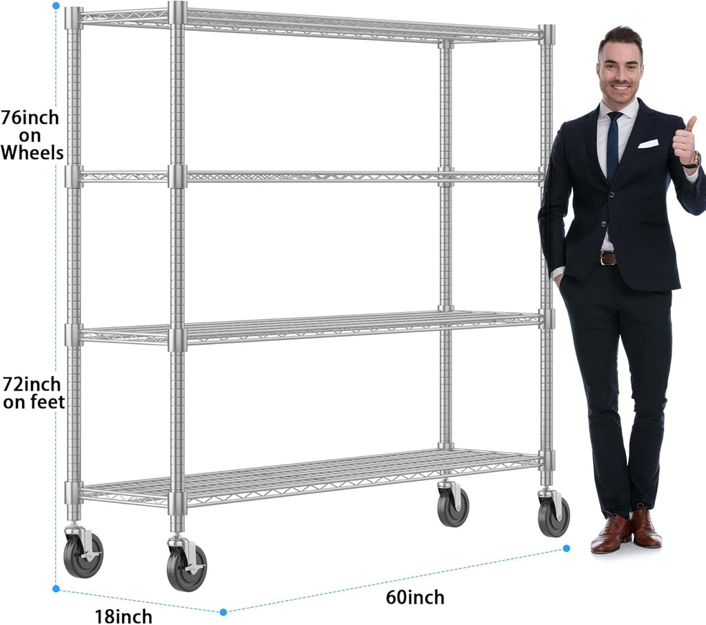 Homdox 4 Tier Heavy Duty Metal Wire Shelving with Wheels, 2400 lbs Capacity Garage Storage Rack, Rolling Industrial Storage, Adjustable Commercial Shelves for Kitchen, Warehouse, 18'x60'x72', Chrome