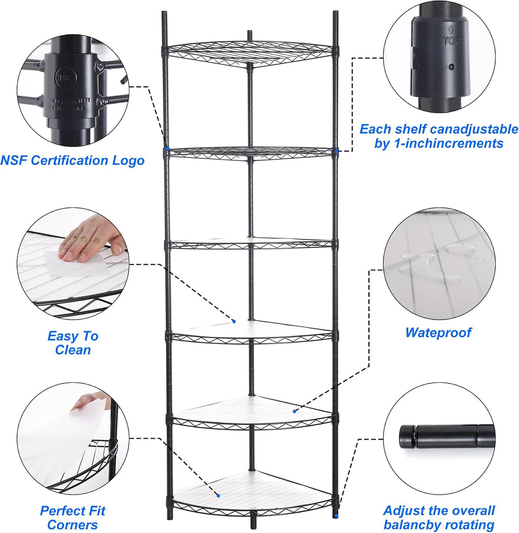 6 Tier NSF Metal Corner Shelf Wire Shelving Unit, 420lbs Capacity Heavy Duty Adjustable Storage Rack with Shelf Liners for Closet Kitchen Bathroom Garage Basement, 72' H x 18' L x 18' D - Black