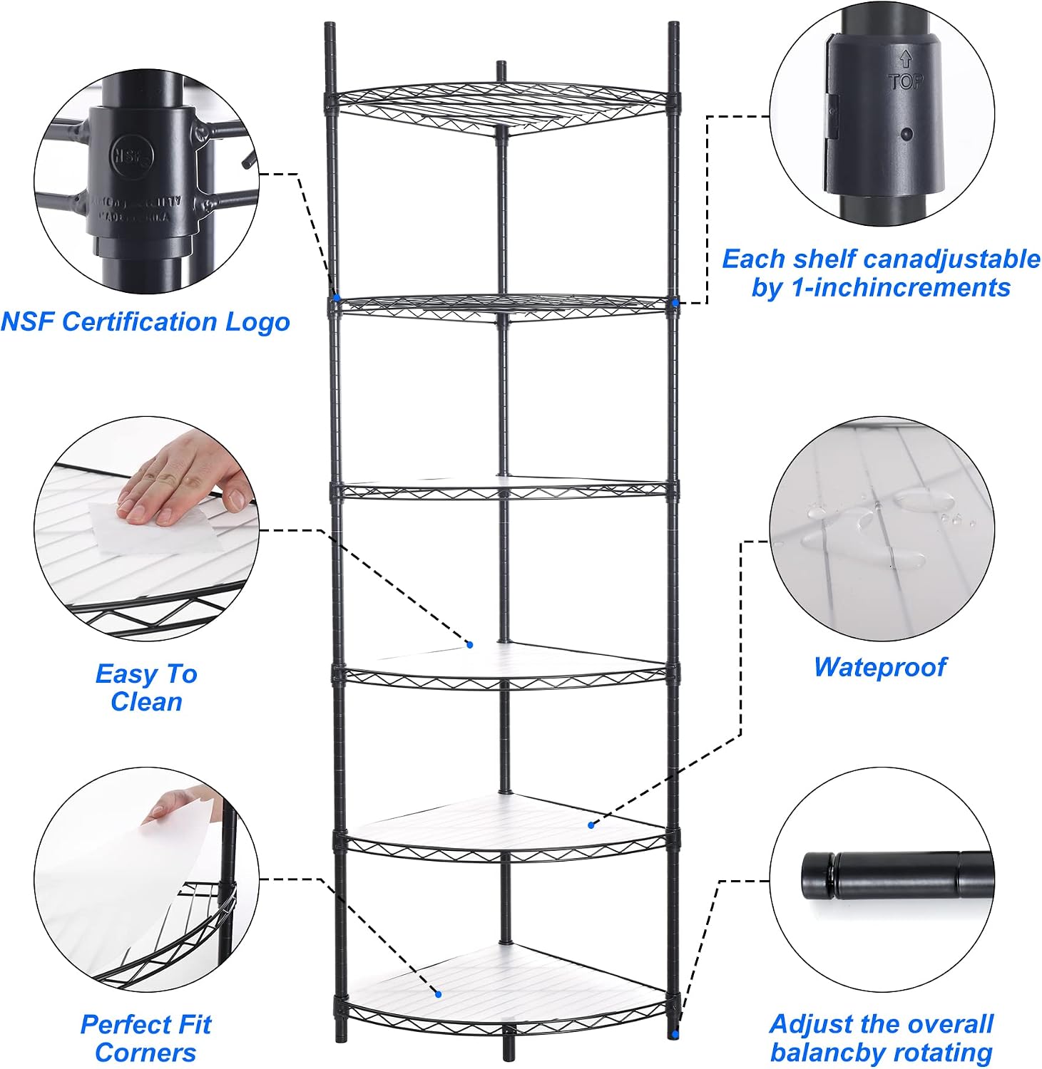 6 Tier NSF Metal Corner Shelf Wire Shelving Unit, 420lbs Capacity Heavy Duty Adjustable Storage Rack with Shelf Liners for Closet Kitchen Bathroom Garage Basement, 72' H x 18' L x 18' D - Black
