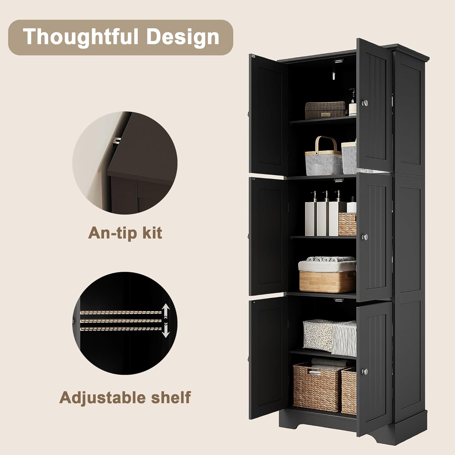 ChooChoo Tall Bathroom Storage Cabinet with 6 Doors, Freestanding Floor Cabinet with Adjustable Shelves, Black Pantry Cabinet for Bathroom, Kitchen, Laundry Room