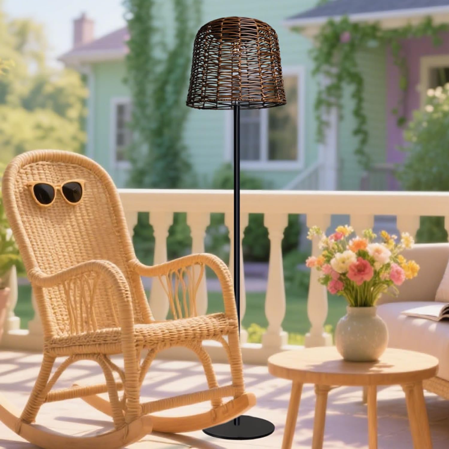 MIXL-Coffee Brown Outdoor Floor Lamp,Waterproof Wicker Shade Standing Lamp,Modern Farmhouse Dusk to Dawn Solar Light, 3000K Led Solar Outdoor Light for Patio Garden and Gazebo