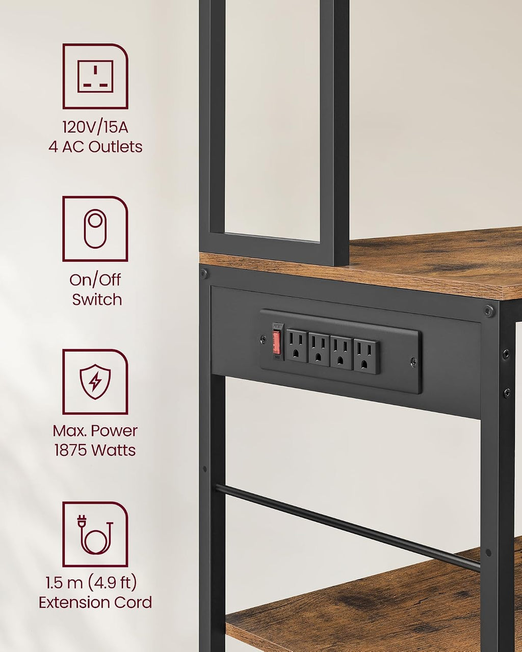 VASAGLE Bakers Rack with Charging Station, Coffee Bar, 15.7 x 39.4 x 71 Inches, Kitchen Microwave Stand, Adjustable Storage Shelves, Fabric Drawer, 12 Hooks, Rustic Brown and Ink Black UKKS027K01