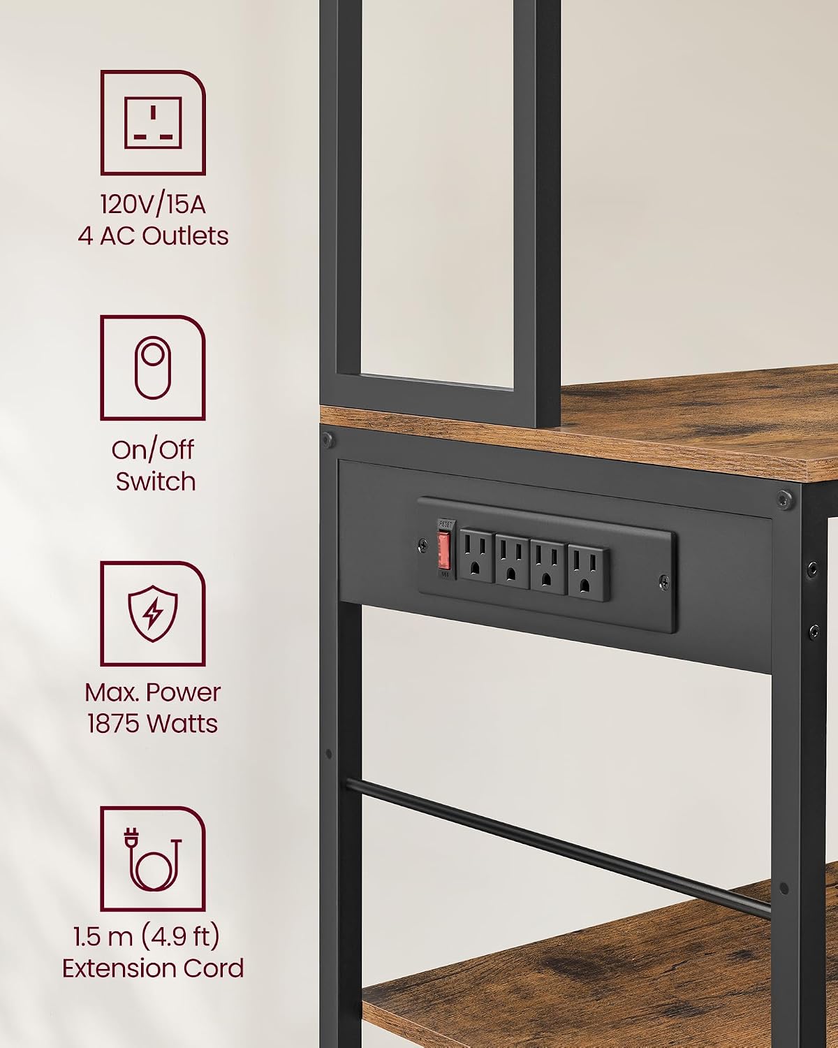 VASAGLE Bakers Rack with Charging Station, Coffee Bar, 15.7 x 39.4 x 71 Inches, Kitchen Microwave Stand, Adjustable Storage Shelves, Fabric Drawer, 12 Hooks, Rustic Brown and Ink Black UKKS027K01