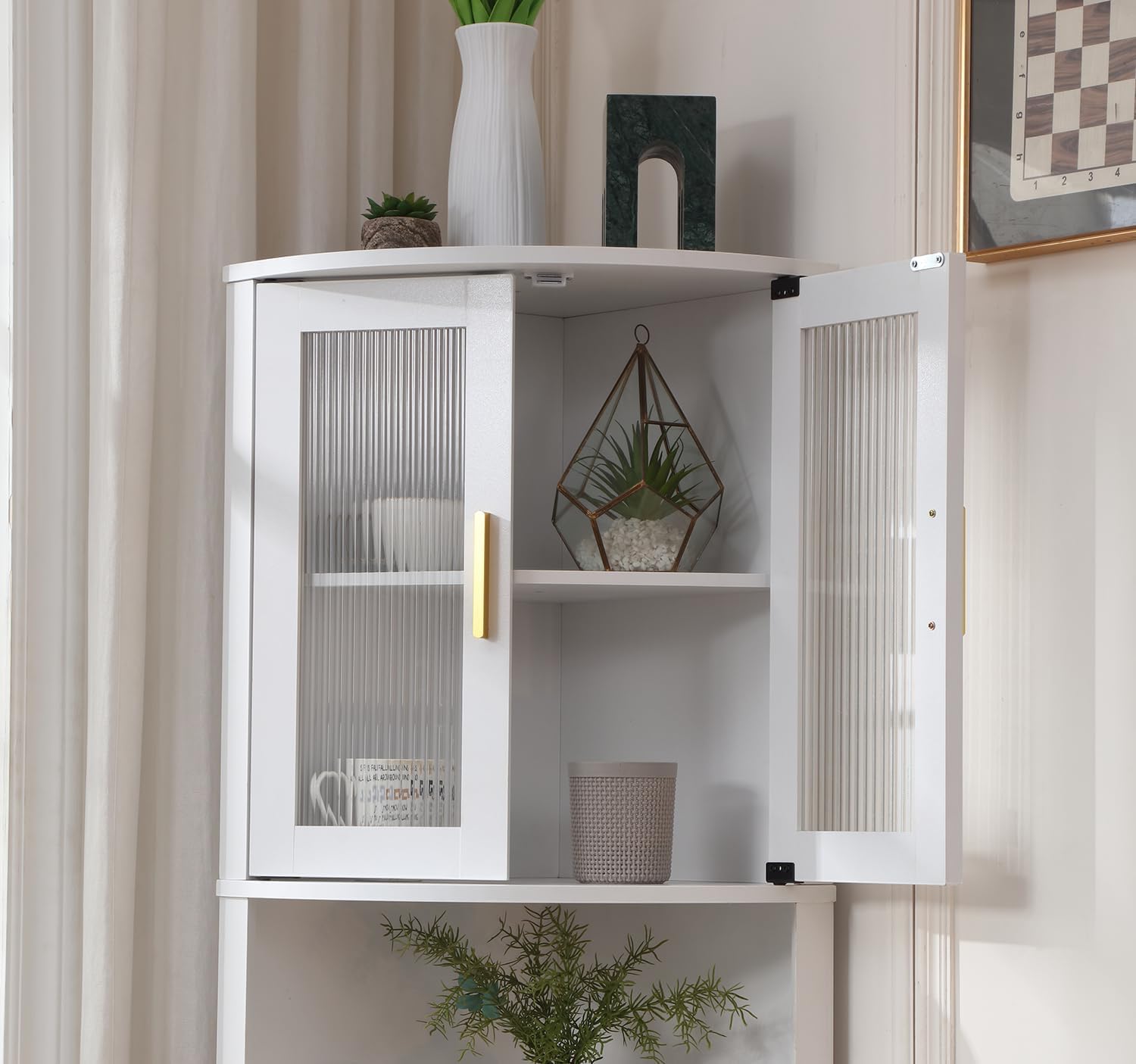 FOREST GRAVITY 64.57'' Tall Corner Cabinet with Shelves for Great Storage and Showcase,Storage Cabinet Double as Corner Liquor Cabinet with Pentagon Design for Livinng Room,Kitchen and Bathroom,White