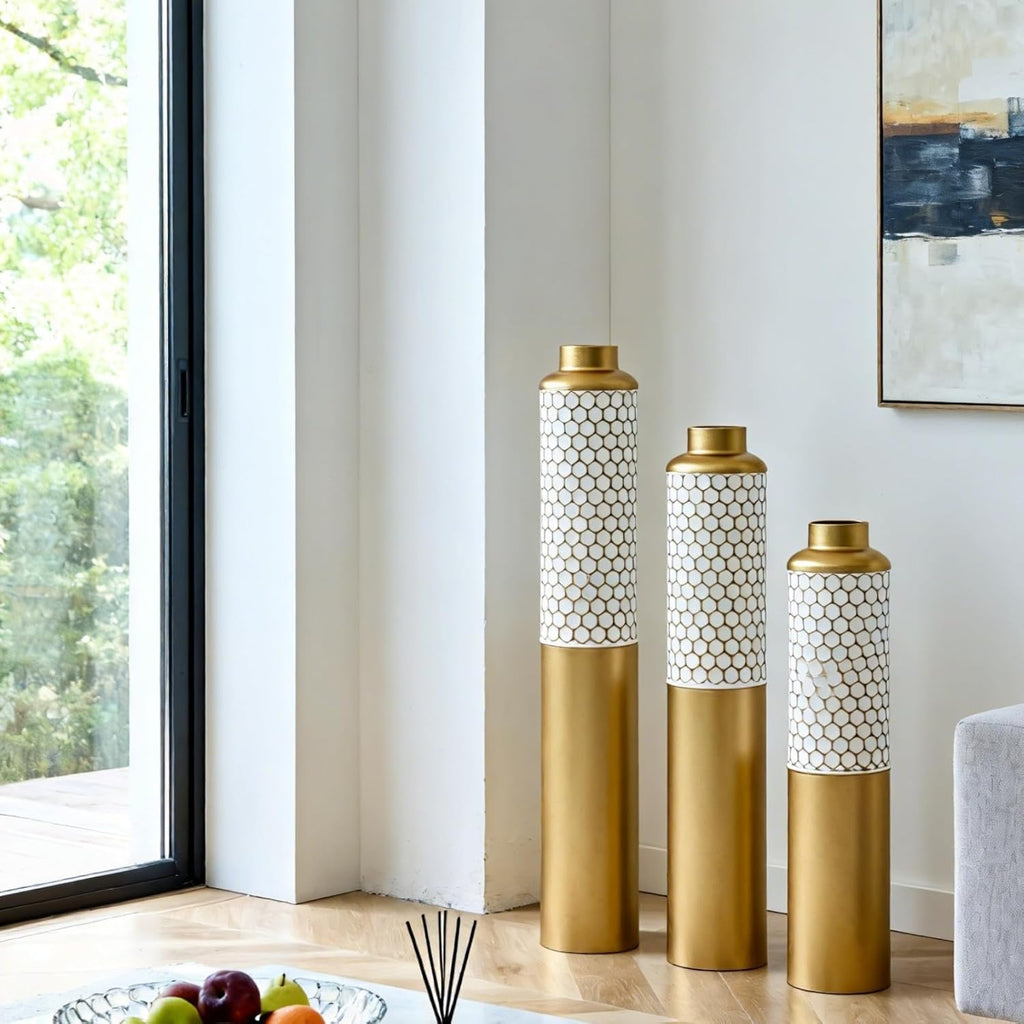 Modern Metal Standing Vase Set of 3, Gold & White Hexagon Pattern Floor Vases，Modern Glam Home Decor for Living Room, Entryway, Hallway (White&Gold - 32.6'/ 28.34'/ 24' Height)