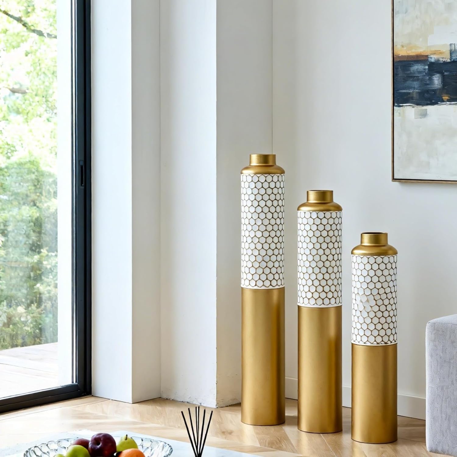 Modern Metal Standing Vase Set of 3, Gold & White Hexagon Pattern Floor Vases，Modern Glam Home Decor for Living Room, Entryway, Hallway (White&Gold - 32.6'/ 28.34'/ 24' Height)