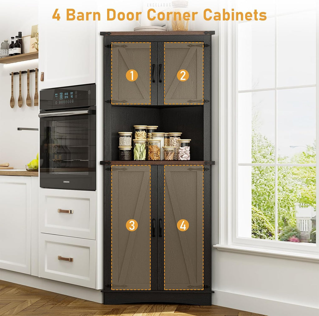 chartustriable 68' Tall Farmhouse Corner Cabinet, 28.3' Corner Storage Cabinet with 4 Doors and Adjustable Shelves, Tall Barn Door Cabinets with 5 Storage Shelves, for Kitchen, Bathroom, Black