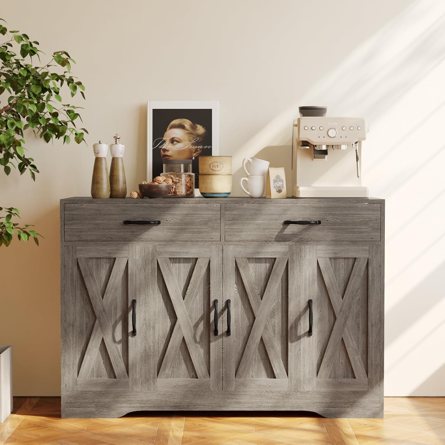 Sideboard Cabinet with Drawers, 47' W Sideboard Buffet Storage Cabinet with Storage for Kitchen, Farmhouse Coffee Bar Cabinets with Shlves and Doors for Hallway, Gray