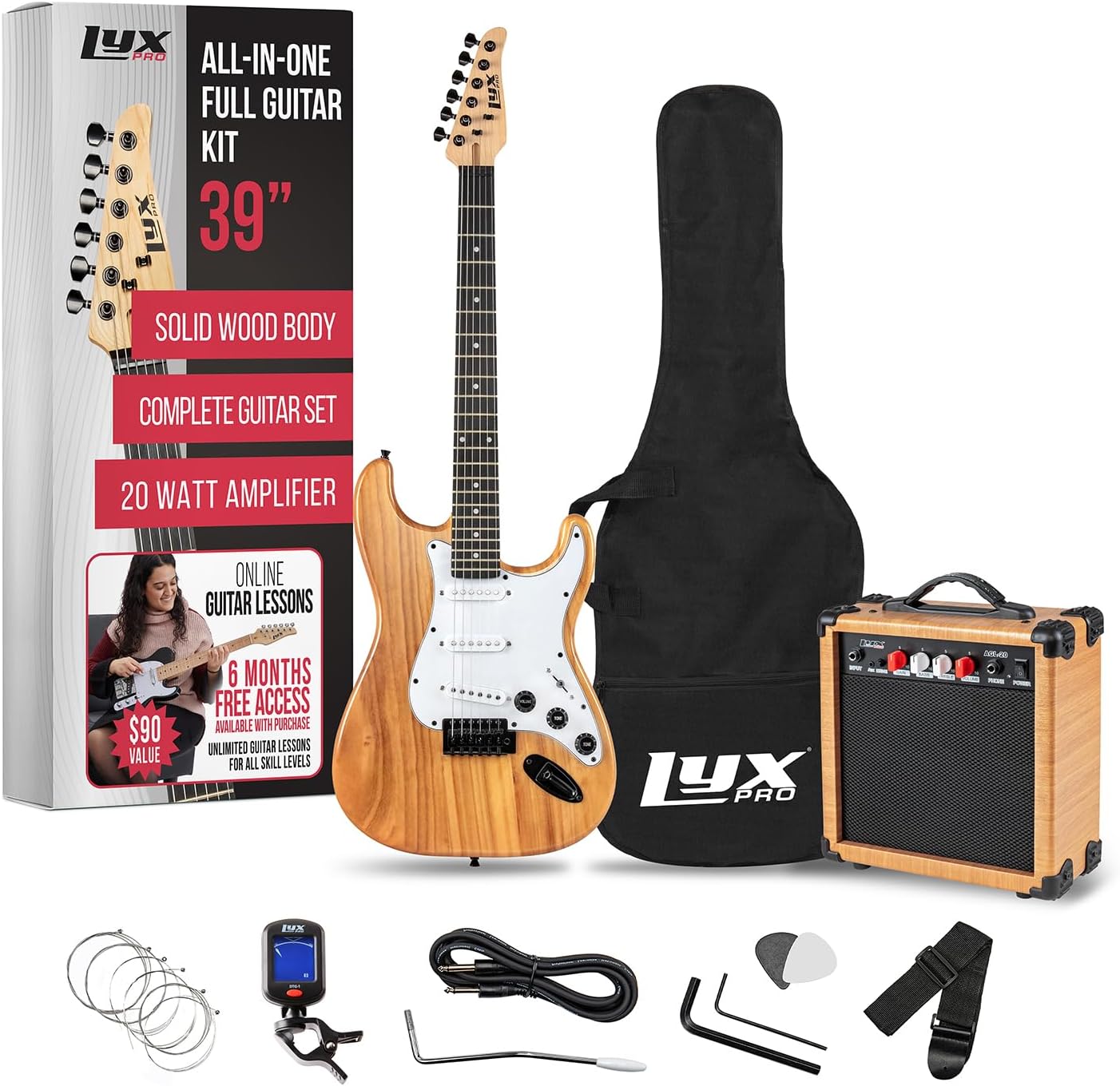 LyxPro Electric Guitar 39' inch Full Beginner Starter kit Full Size with 20w Amp, Package Includes All Accessories, Digital Tuner, Strings, Picks, Tremolo Bar, Shoulder Strap, and Case Bag - Natural
