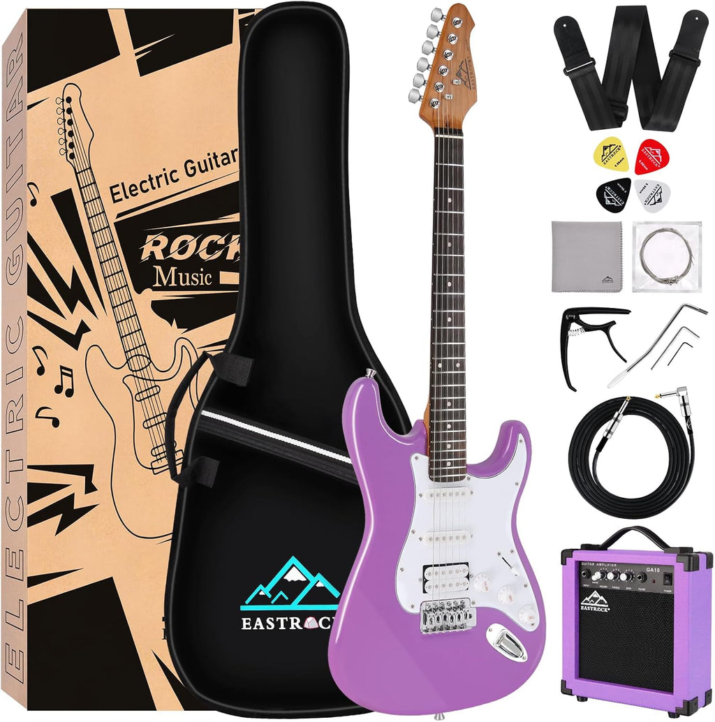 EASTROCK Electric Guitar 39' Full Size Solid Body Electric Guitar Kit for Beginner Girls & Adults with 10w Amp, Bag, Capo, Shoulder Strap, String, Cable, Picks, (Right-Handed, Purple)