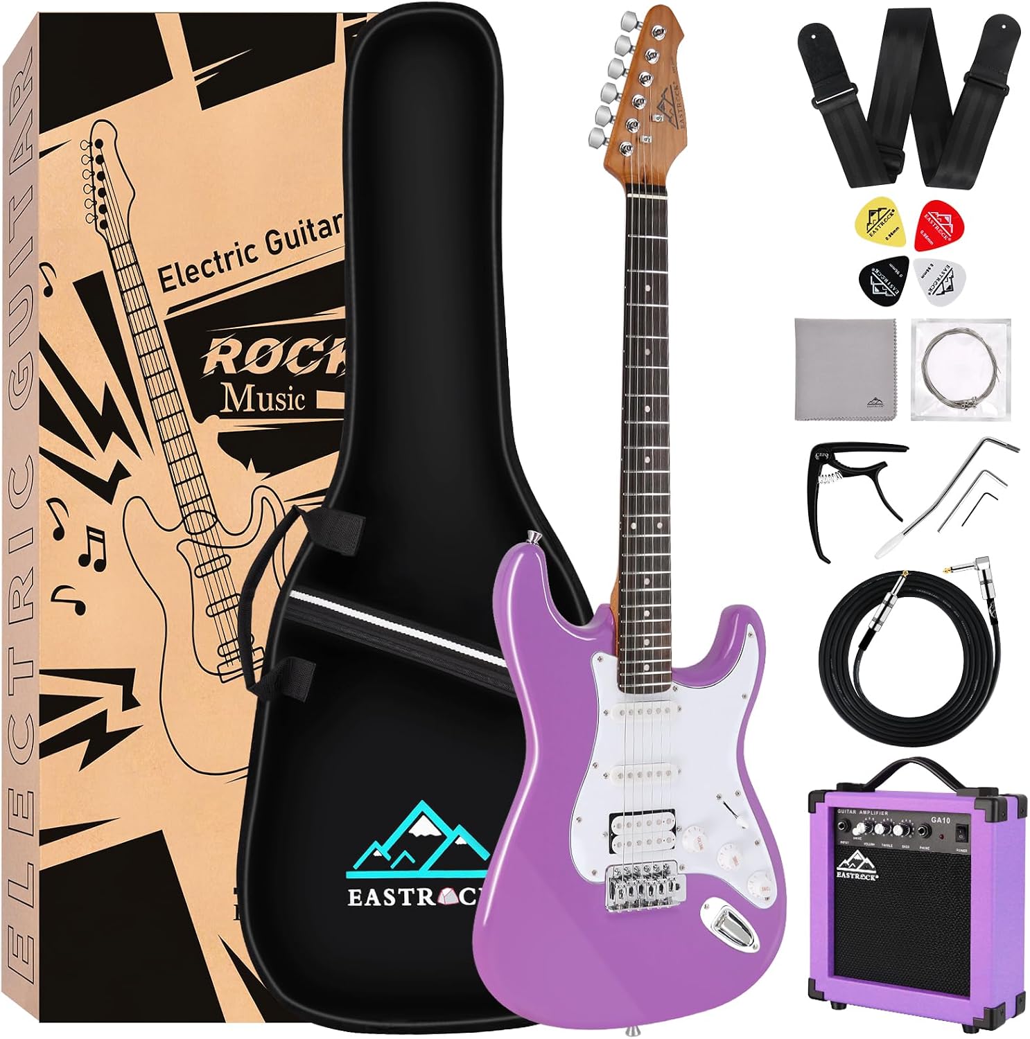 EASTROCK Electric Guitar 39' Full Size Solid Body Electric Guitar Kit for Beginner Girls & Adults with 10w Amp, Bag, Capo, Shoulder Strap, String, Cable, Picks, (Right-Handed, Purple)