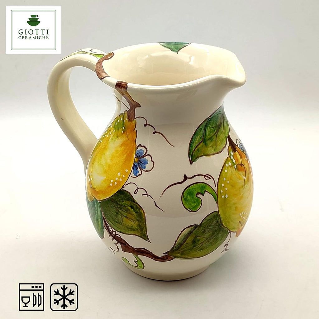 Italian Ceramic Pitcher Lemon - 16 oz Hand Painted Utensil Holder Or Carafe Design for Kitchen - Made in ITALY Tuscany - Italian Pottery Vase Jar for Wine - Home Decor Ceramics