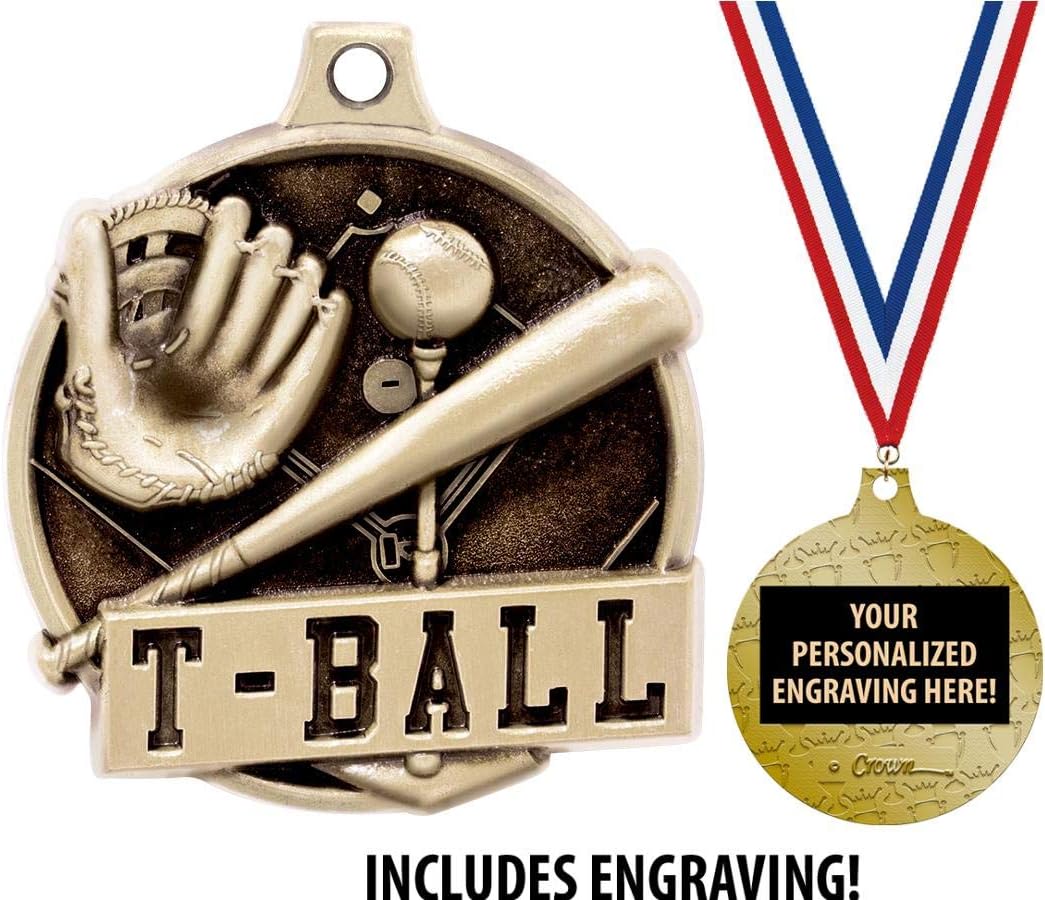 T-Ball Medals - 1 1/2' Gold T Ball Medals, Great Kids Tball Awards with Custom Engraving