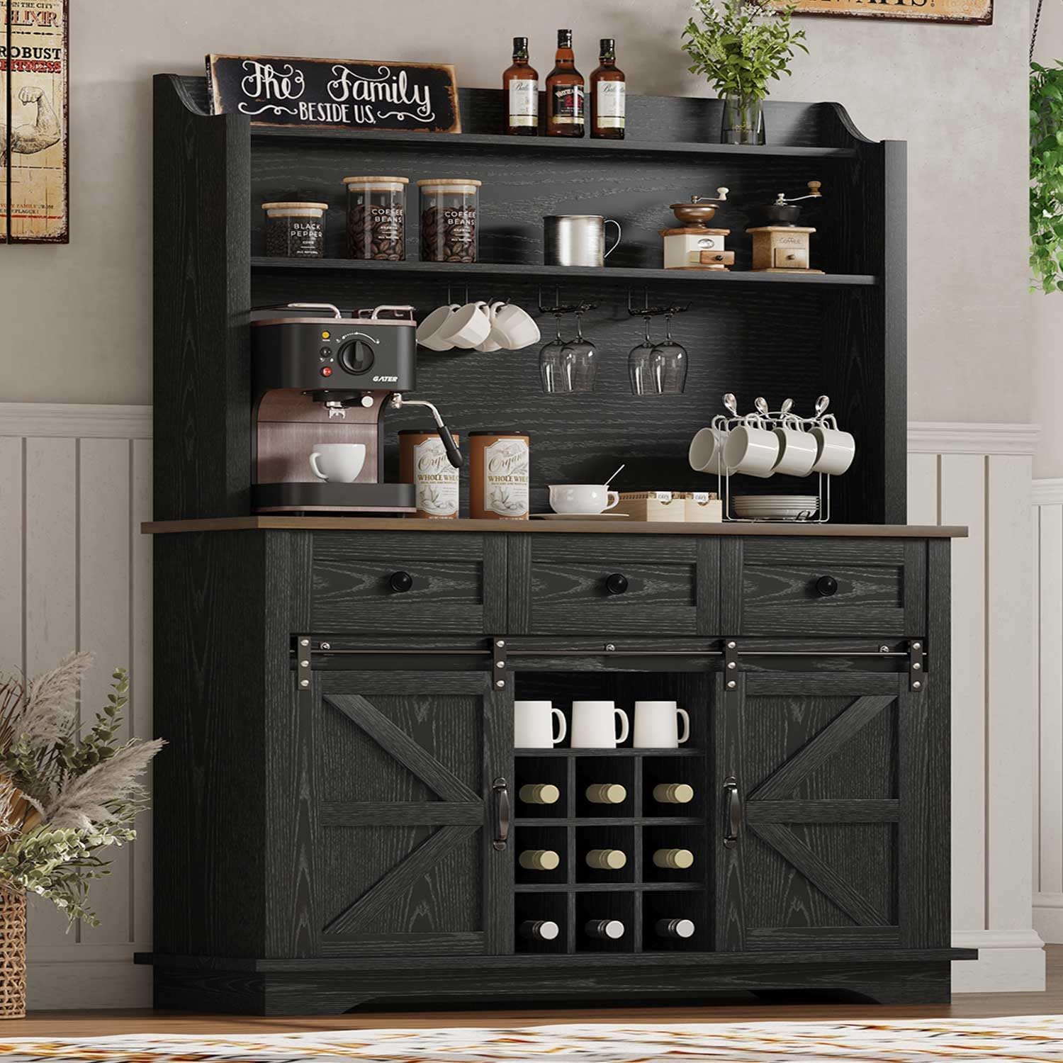 REVOMINCA 63 Inch Tall Coffee Bar Cabinet with 3-Tier, Kitchen Hutch with 3 Large Drawers, Farmhouse Coffee Bar with 9 Wine Racks & 3 Glass Holders, Wine Storage Cabinet for Living Dining Room, Black