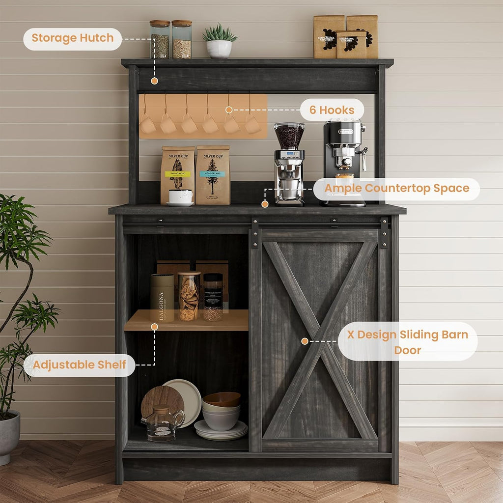 4ever2buy Farmhouse Coffee Bar Cabinet with Hutch, 31 Inch Coffee Bar Hutch with Sliding Barn Door & 6 Hooks for Living Dining Room, Dark Oak | Sliding Barn Door