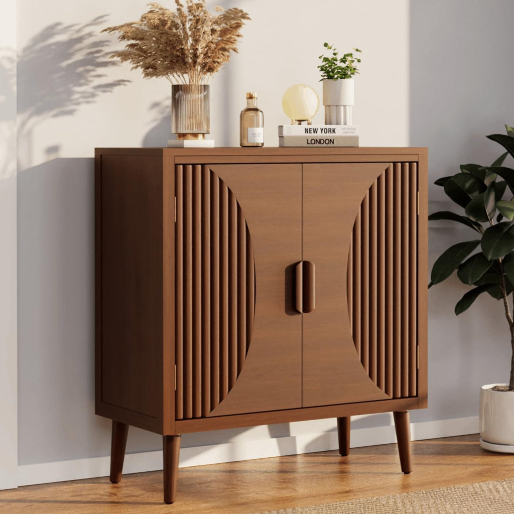 COSIEST 30' W Storage Cabinet with Doors and Shelves, Mid-Century Cabinet with Adjustable Shelf, Accent Sideboard for Kitchen, Dining Room, Living Room, or Hallway (Brown, Line Pattern)