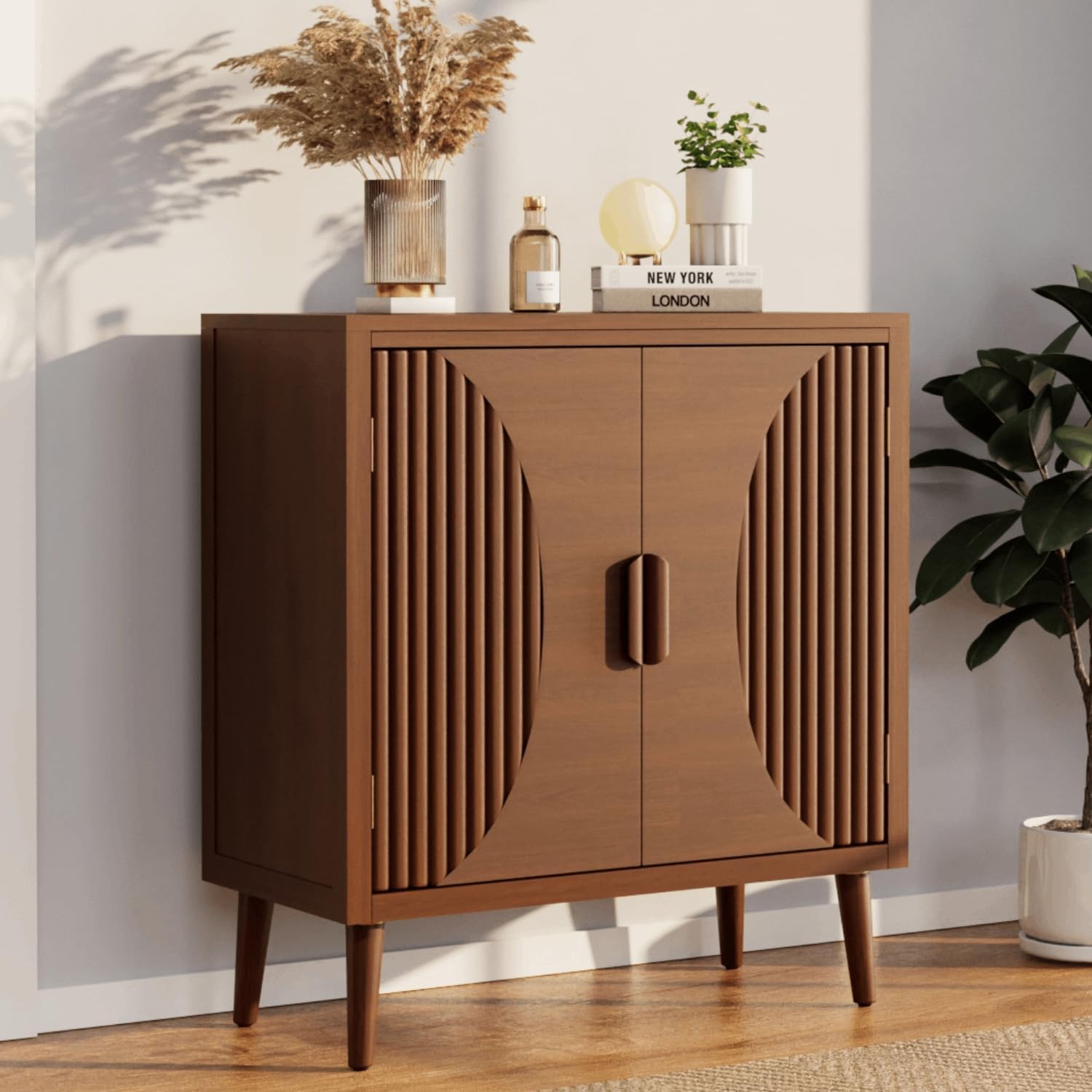 COSIEST 30' W Storage Cabinet with Doors and Shelves, Mid-Century Cabinet with Adjustable Shelf, Accent Sideboard for Kitchen, Dining Room, Living Room, or Hallway (Brown, Line Pattern)