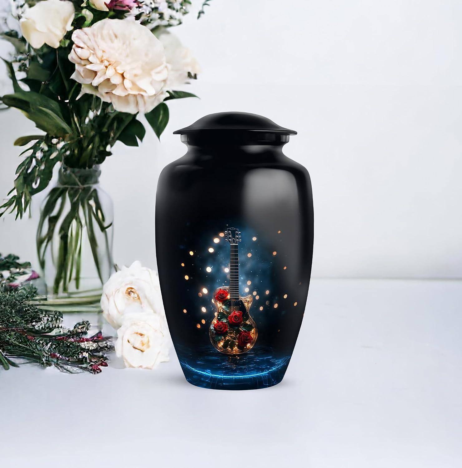 Guitar Urn - Unique Urns - Decorative Memorial - Small Cremation Urns for Human Ashes - Mom & Dad Urn - Hand Engraved - Combo of 10 Inch & 3 Inch