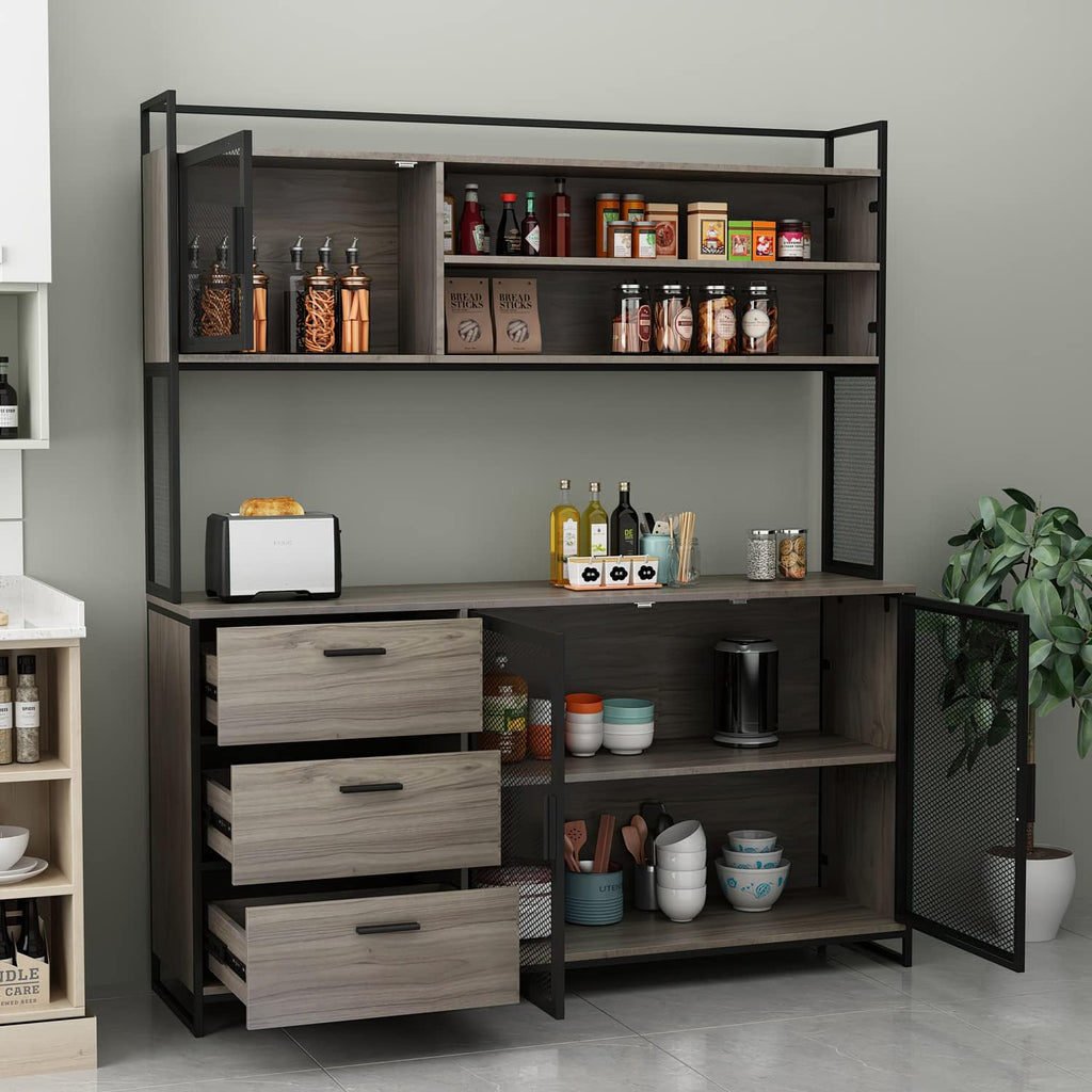 ECACAD Modern Wood Sideboard Buffet Storage Cabinet with Hutch, 3 Metal Mesh Doors, 3 Drawers & 5 Compartments, Kitchen Pantry Cupboard Console Table for Living Room, Dining Room, Walnut