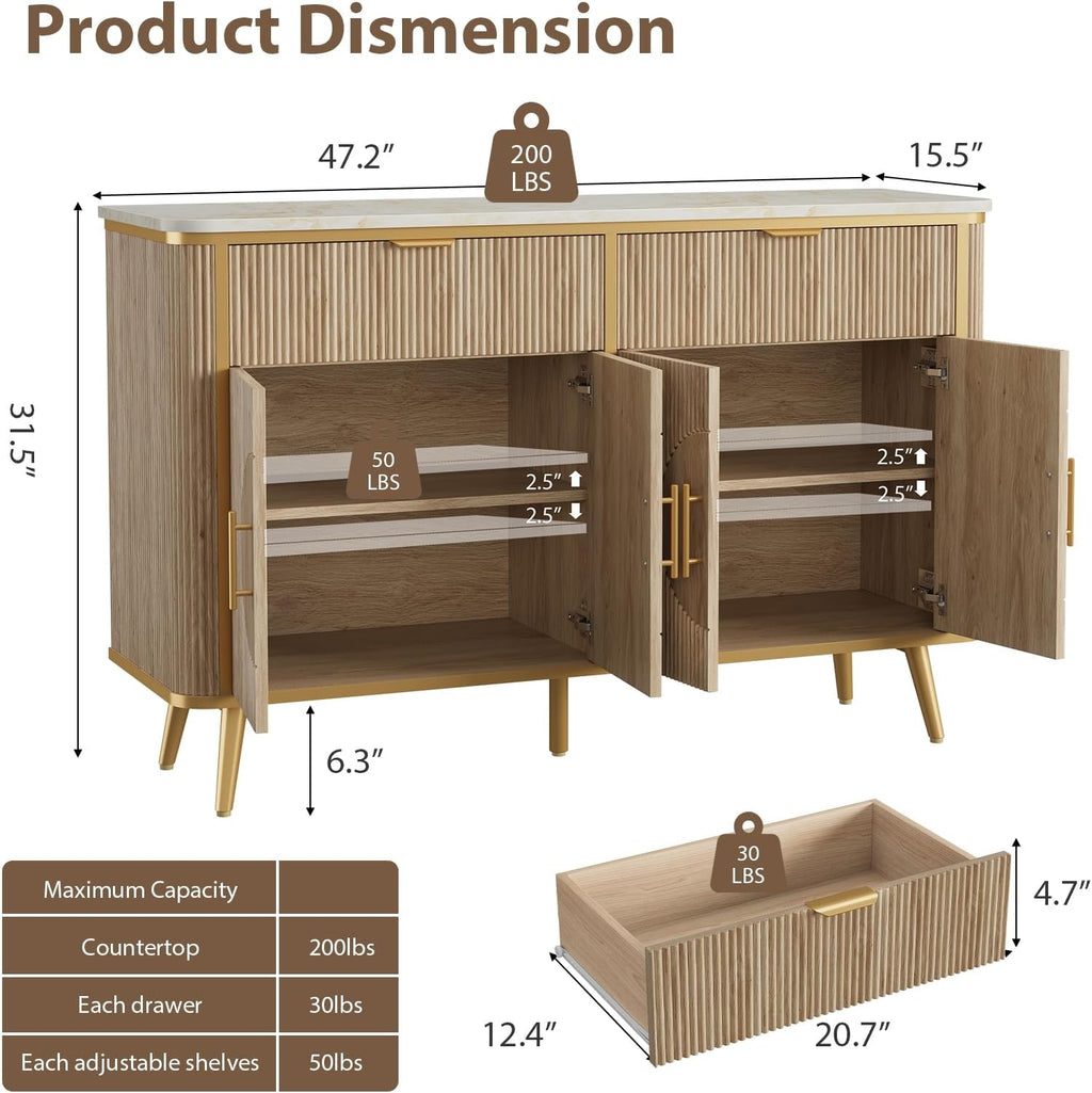 47.2' Buffet Storage Cabinet, Modern Fluted Coffee Bar Station with 2 Drawers & Adjustable Shelves, Kitchen Sideboard Buffet for Dining Room, Living Room, Hallway, Natural Oak