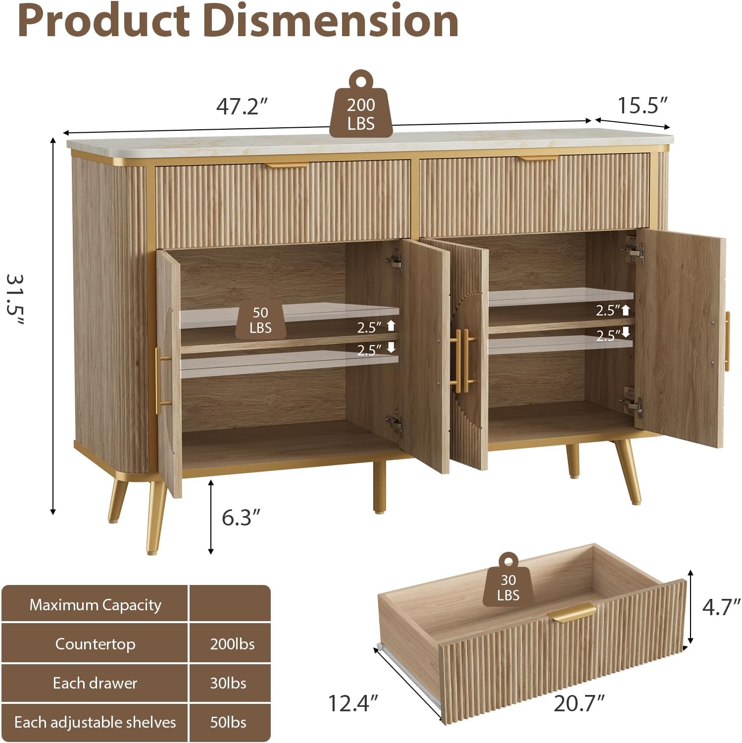 47.2' Buffet Storage Cabinet, Modern Fluted Coffee Bar Station with 2 Drawers & Adjustable Shelves, Kitchen Sideboard Buffet for Dining Room, Living Room, Hallway, Natural Oak