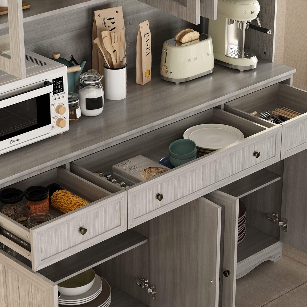 FUFU&GAGA 74.8' Tall Kitchen Pantry Cabinet with 5 Tiers Shelf, 8 Doors & 3 Drawers & Microwave Stand, Freestanding Hutch Cabinet with Buffet Cupboard for Kitchen, Dinningroom