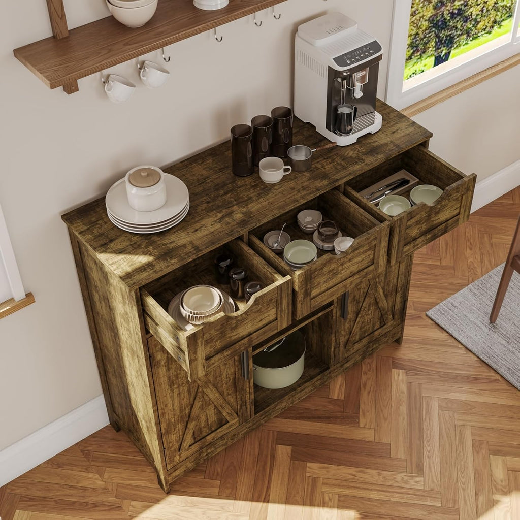 Viaozutis Storage Cabinet, Coffee Bar Cabinet with 2 Adjustable Shelves, 3 Drawers, and 2 Doors, for Bathroom, Kitchen, Living Room (Retro)