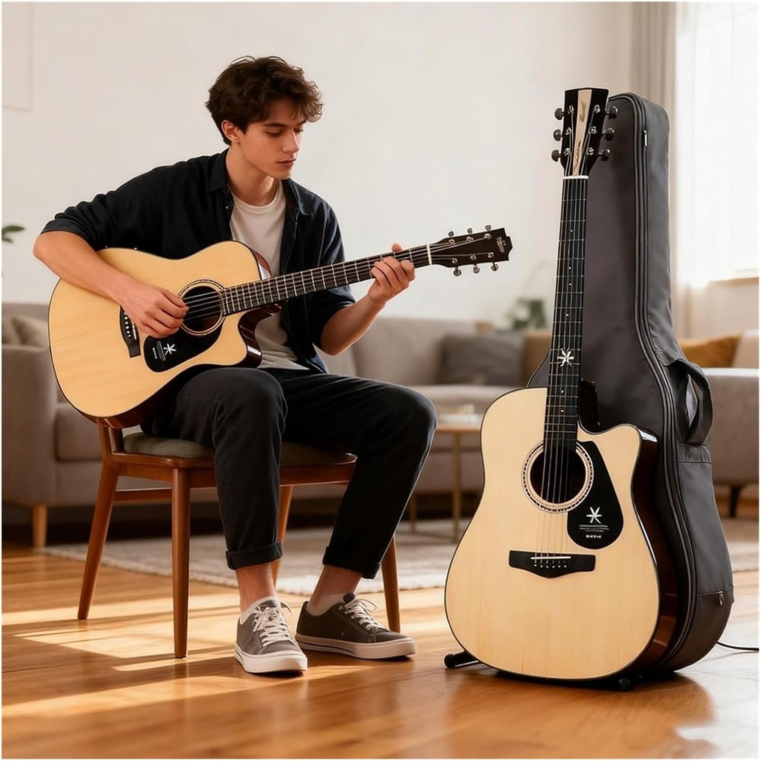 MXL&LJB Acoustic Guitar, Cutaway Bundle with Gig Bag, Picks, Strings, Strap 41 Inch Full Size Dreadnought Spruce Top for Beginners Teens Adults(Natural)