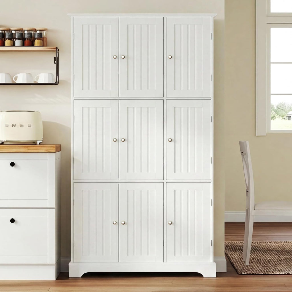 ChooChoo Bathroom Storage Cabinet with 9 Doors, Narrow Floor Cabinet with Adjustable Shelves, White Slim Pantry Cabinet for Kitchen, Bathroom, Laundry Room, Living Room
