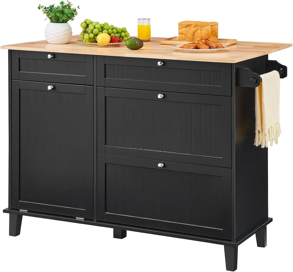 53' Rubber Wood Cupboard, Storage Cabinet with Multi-Functional Hooks, Food Pantry Cabinet with Built-in Trash Cabinet for Kitchen Use, Black