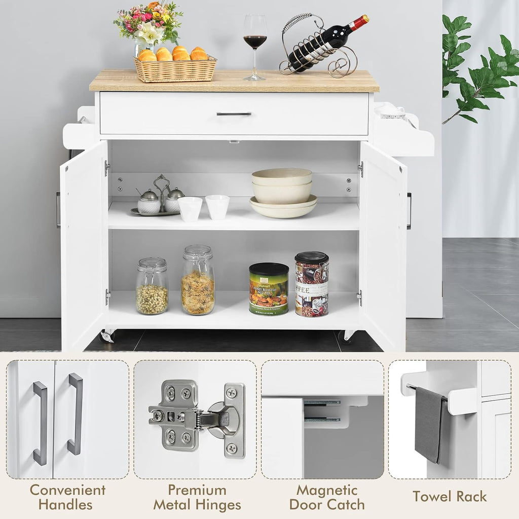 COSTWAY Kitchen Island On Wheels, Rolling Storage Trolley Cart with Large Cabinet, Drawer, Spice Rack and Towel Rack, Kitchen Serving Utility, 3-Position Adjustable Shelf (White)