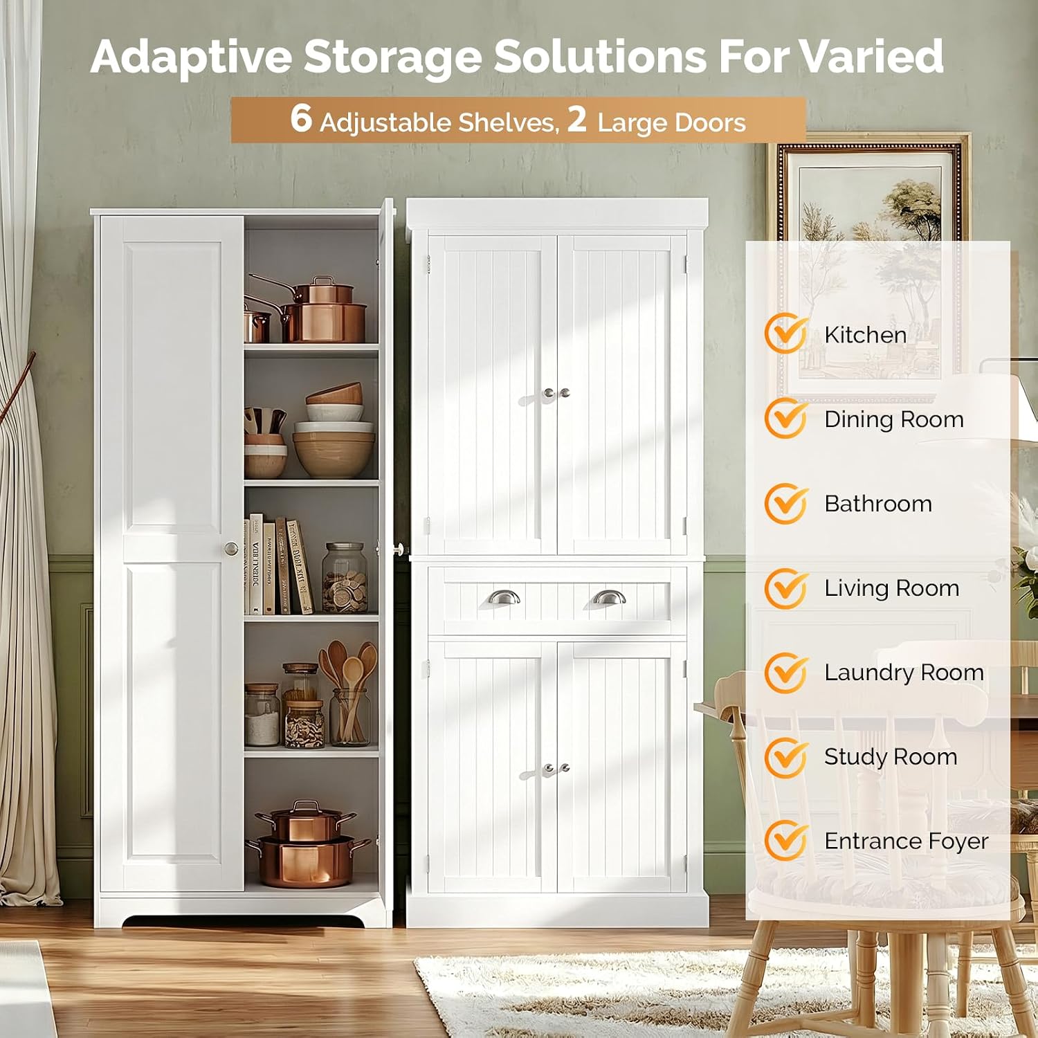 VINGLI 72' Tall Pantry Cabinet, Kitchen Pantry Storage Cabinet with 2 Doors & Adjustable Shelves, Freestanding Food Storage Cupboard for Kitchen, Dining Room, Utility Room, White