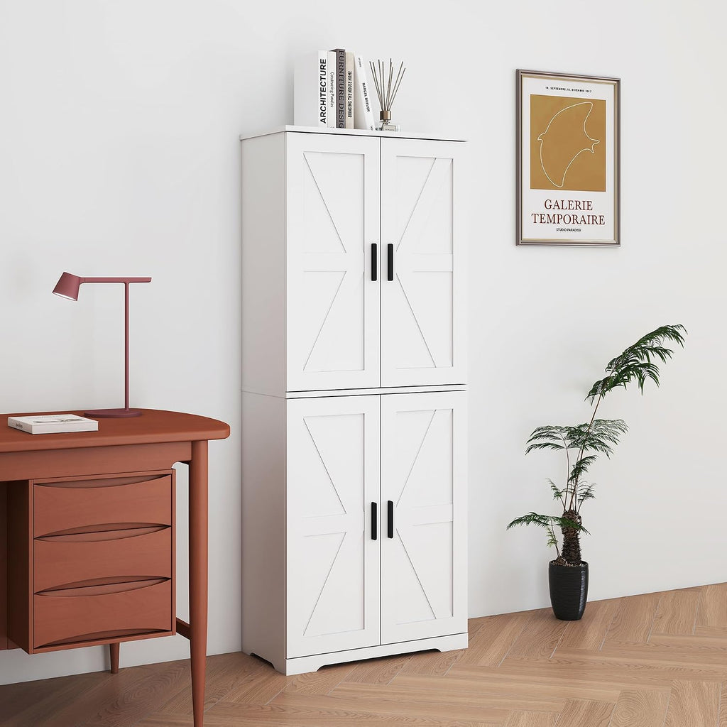 Farmhouse Storage Cabinet with 4 Door, Kitchen Pantry Storage with 4 Adjustable Shelves Wooden Cupboard for Kitchen, Dining Room, Living Room, Bathroom (White)
