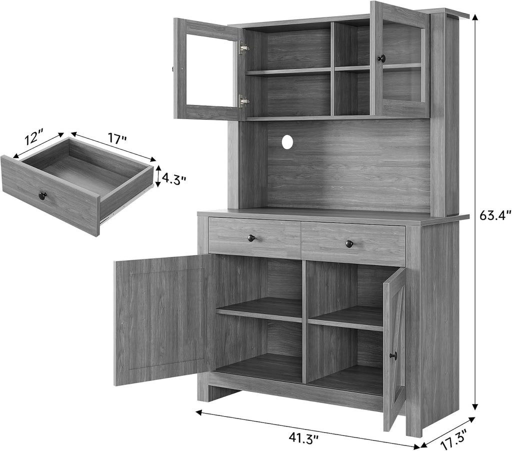 GarveeHome Farmhouse Pantry Cabinet, Kitchen Pantry Storage Cabinet with Microwave Stand, Rustic Buffet Sideboard with Sliding Door, Freestanding Cupboard with Shelves for Dining Room, Dark Grey