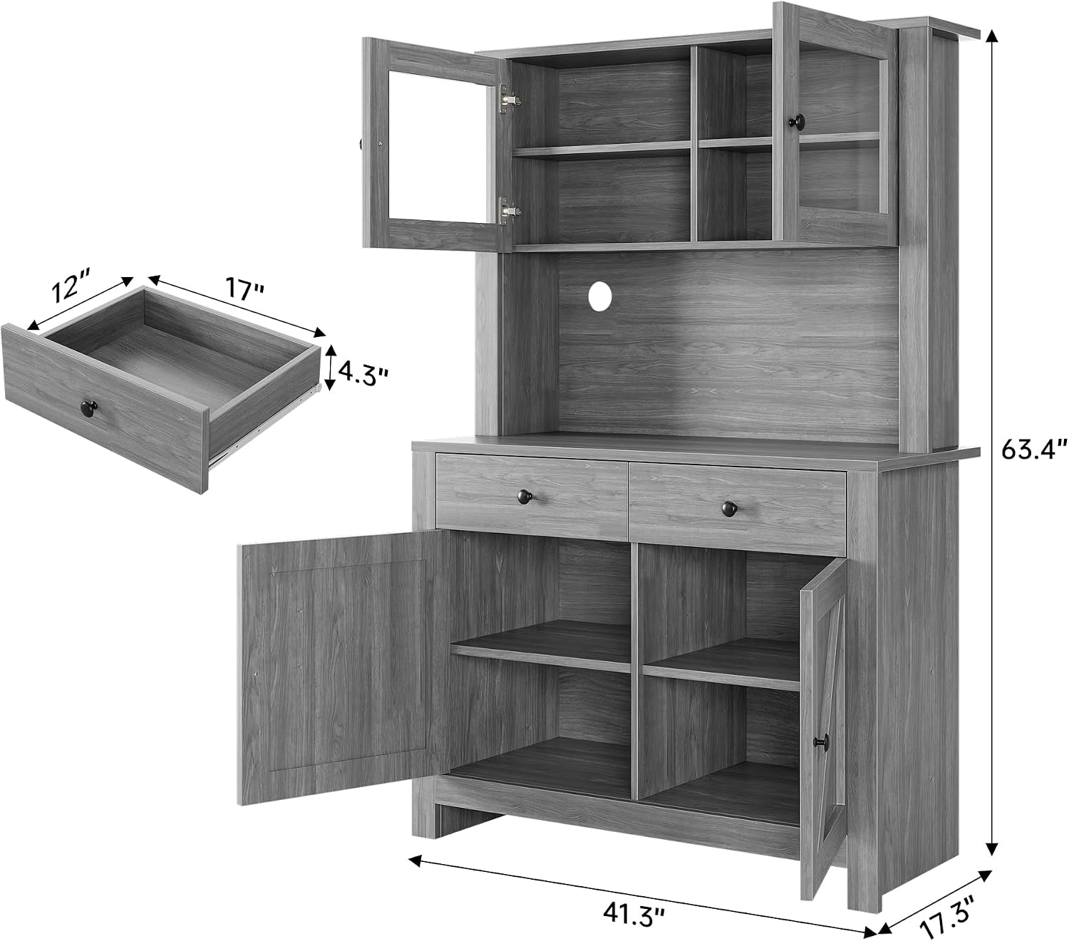 GarveeHome Farmhouse Pantry Cabinet, Kitchen Pantry Storage Cabinet with Microwave Stand, Rustic Buffet Sideboard with Sliding Door, Freestanding Cupboard with Shelves for Dining Room, Dark Grey