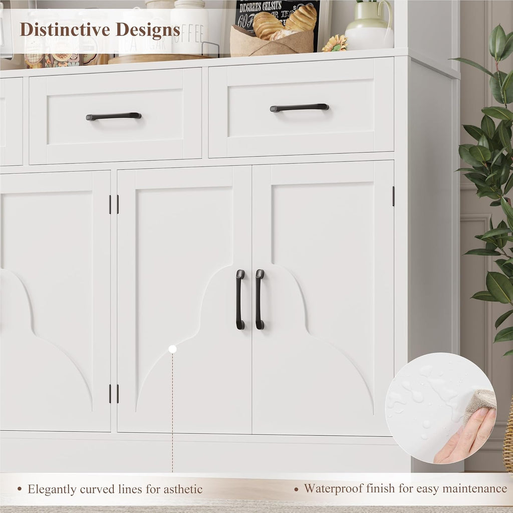 HITHOS 76' Tall Kitchen Pantry Storage Cabinet, 55' Wide Kitchen Hutch Cabinet with Storage Drawers, Large Food Pantry with Microwave Stand, Modern Cupboard with Hutch for Dining Living Room, White
