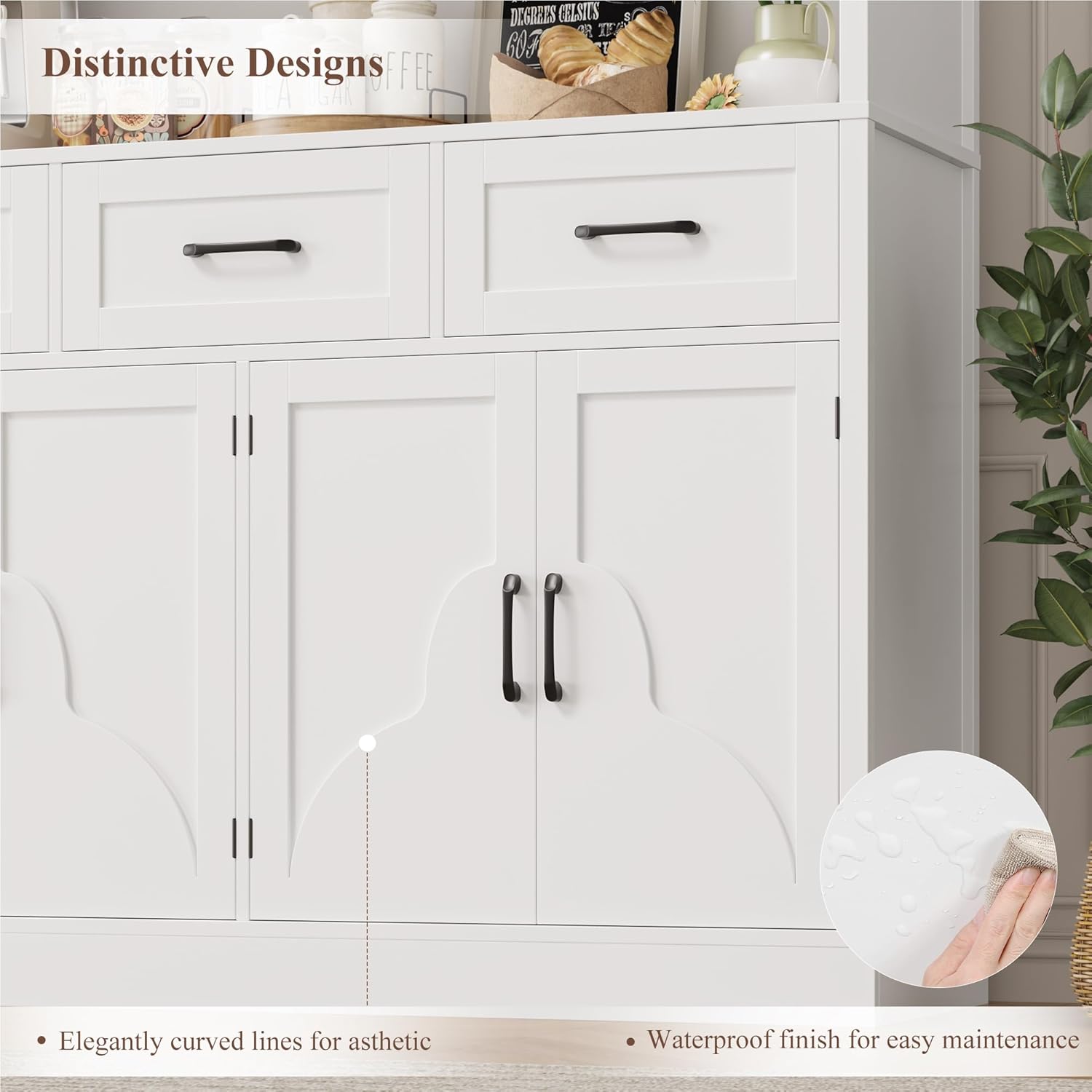HITHOS 76' Tall Kitchen Pantry Storage Cabinet, 55' Wide Kitchen Hutch Cabinet with Storage Drawers, Large Food Pantry with Microwave Stand, Modern Cupboard with Hutch for Dining Living Room, White
