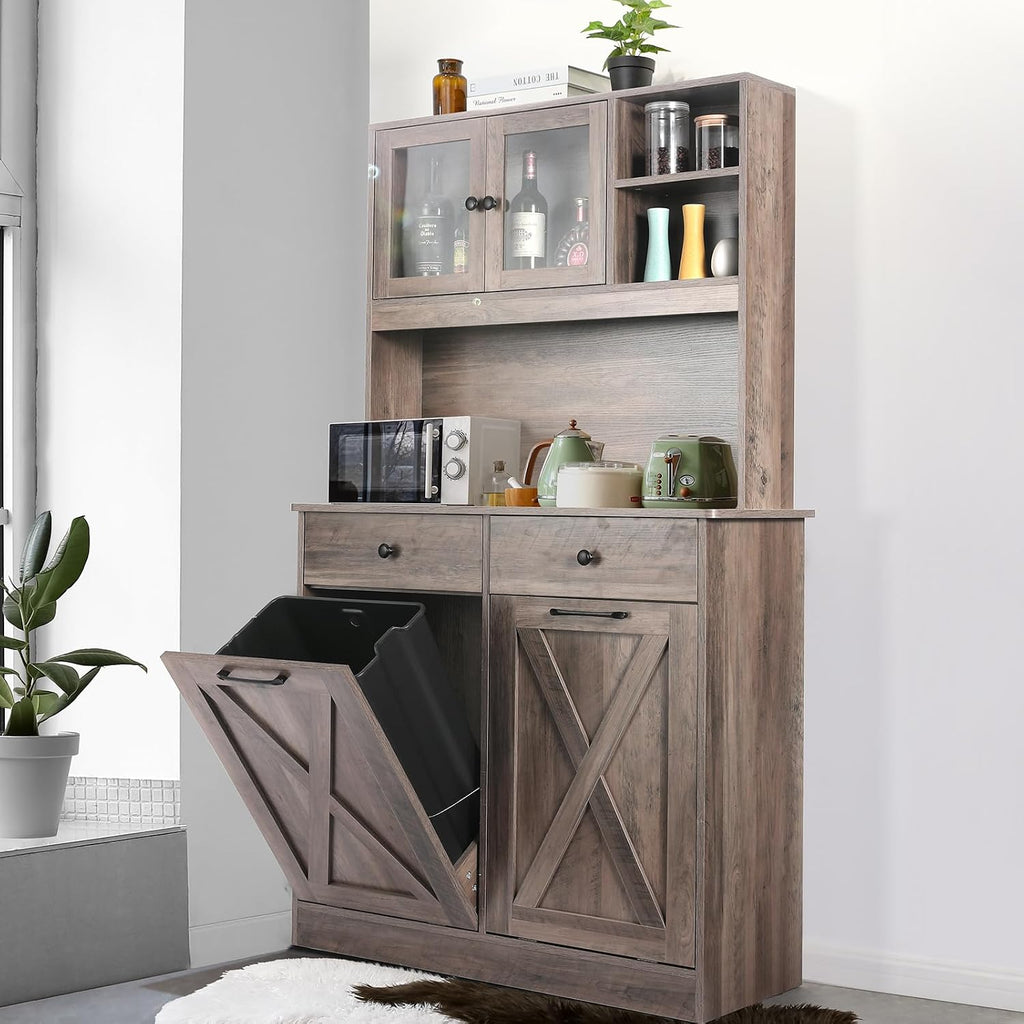 Arlopu Dual Tilt Out Trash&Storage Cabinet, Kitchen Sideboard Cupboard W/Pet Proof 10X2 Gal Hidden Garbage Holder, Freestand Laundry Sort Cabinet, W/Drawer, Shelves,Barn Door (Oak Grey)