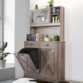 Arlopu Dual Tilt Out Trash&Storage Cabinet, Kitchen Sideboard Cupboard W/Pet Proof 10X2 Gal Hidden Garbage Holder, Freestand Laundry Sort Cabinet, W/Drawer, Shelves,Barn Door (Oak Grey)