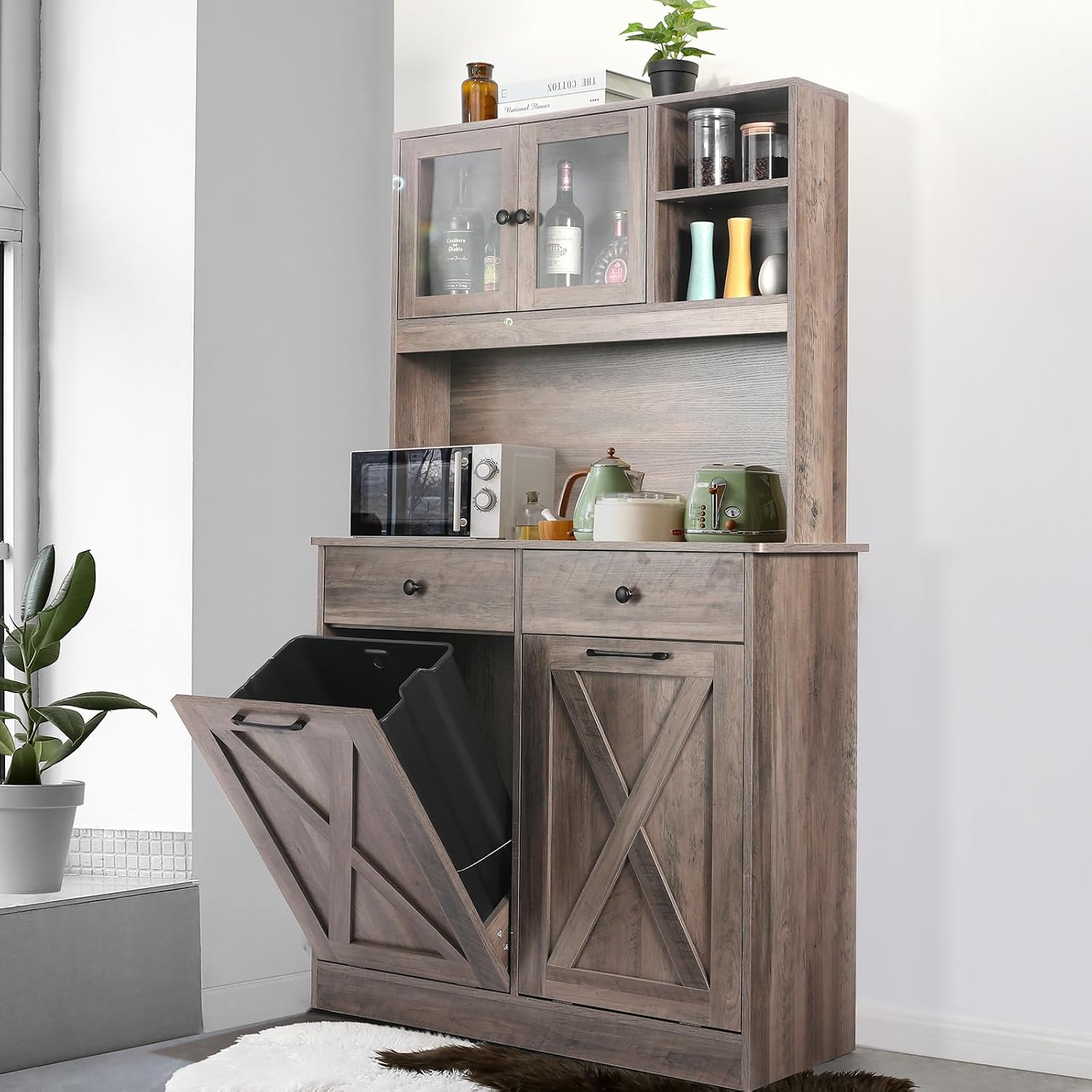 Arlopu Dual Tilt Out Trash&Storage Cabinet, Kitchen Sideboard Cupboard W/Pet Proof 10X2 Gal Hidden Garbage Holder, Freestand Laundry Sort Cabinet, W/Drawer, Shelves,Barn Door (Oak Grey)