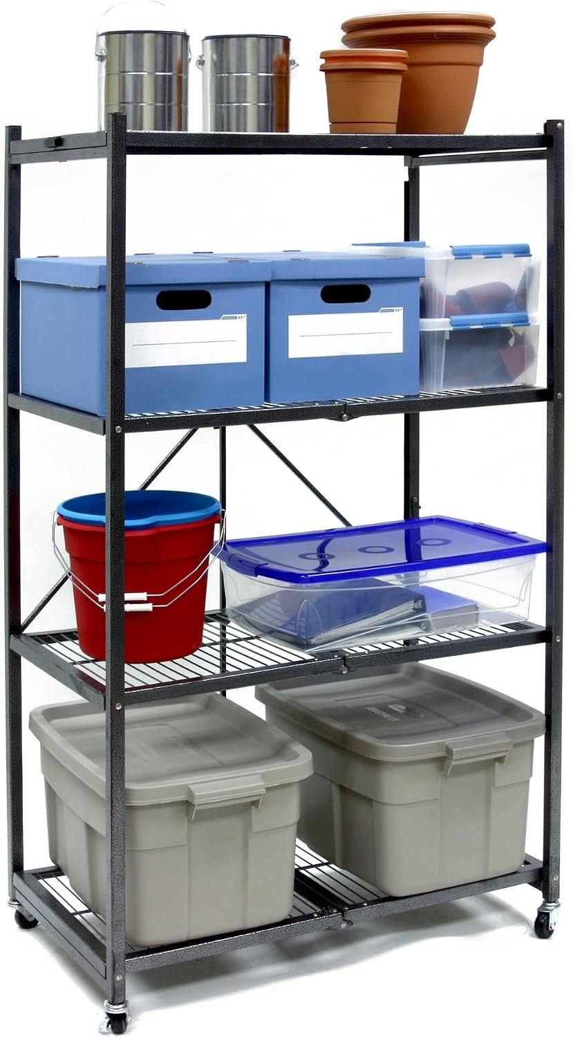 Origami 4-Pack R5 Storage Rack, 4-Tier Heavy-Duty Foldable Steel Shelf with Wheels, Gray