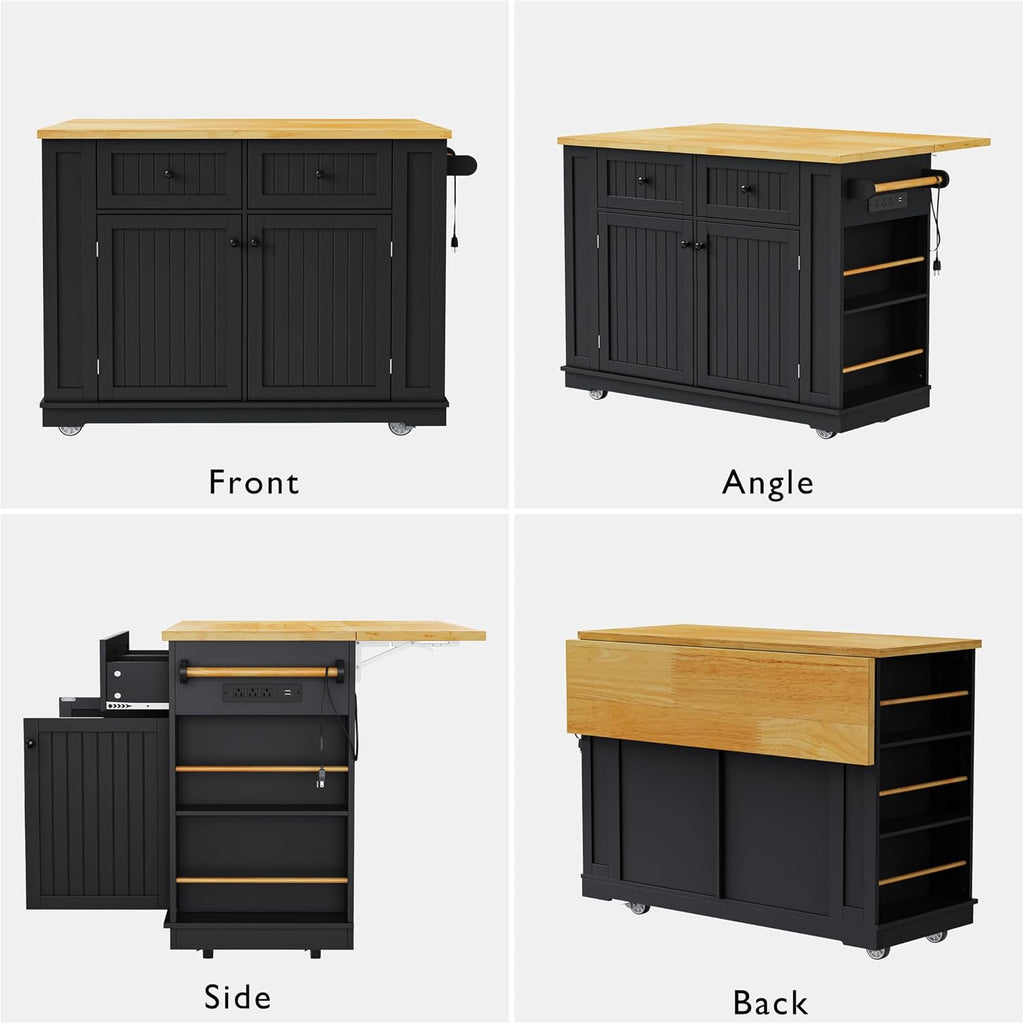 48 Inch Rolling Kitchen Island Storage Cart on 5 Wheels with Drop Leaf, Power Outlet, Door Internal Storage Rack, 5 Open Side Racks, 2 Drawers for Dining Room, Home Bar, Black